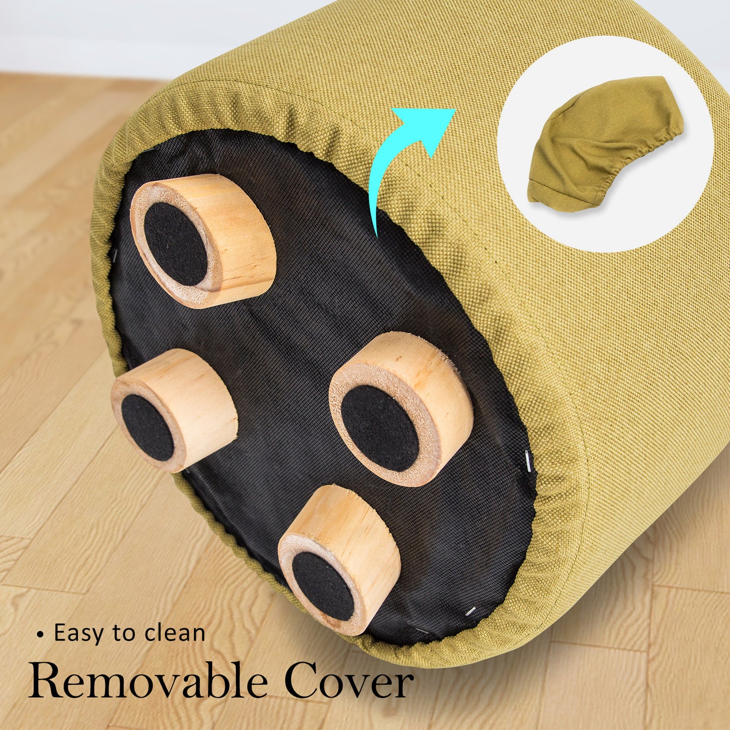 Fabric Ottoman Round Wooden Leg Foot Stool - MUSTARD YELLOW - Cosy Abode