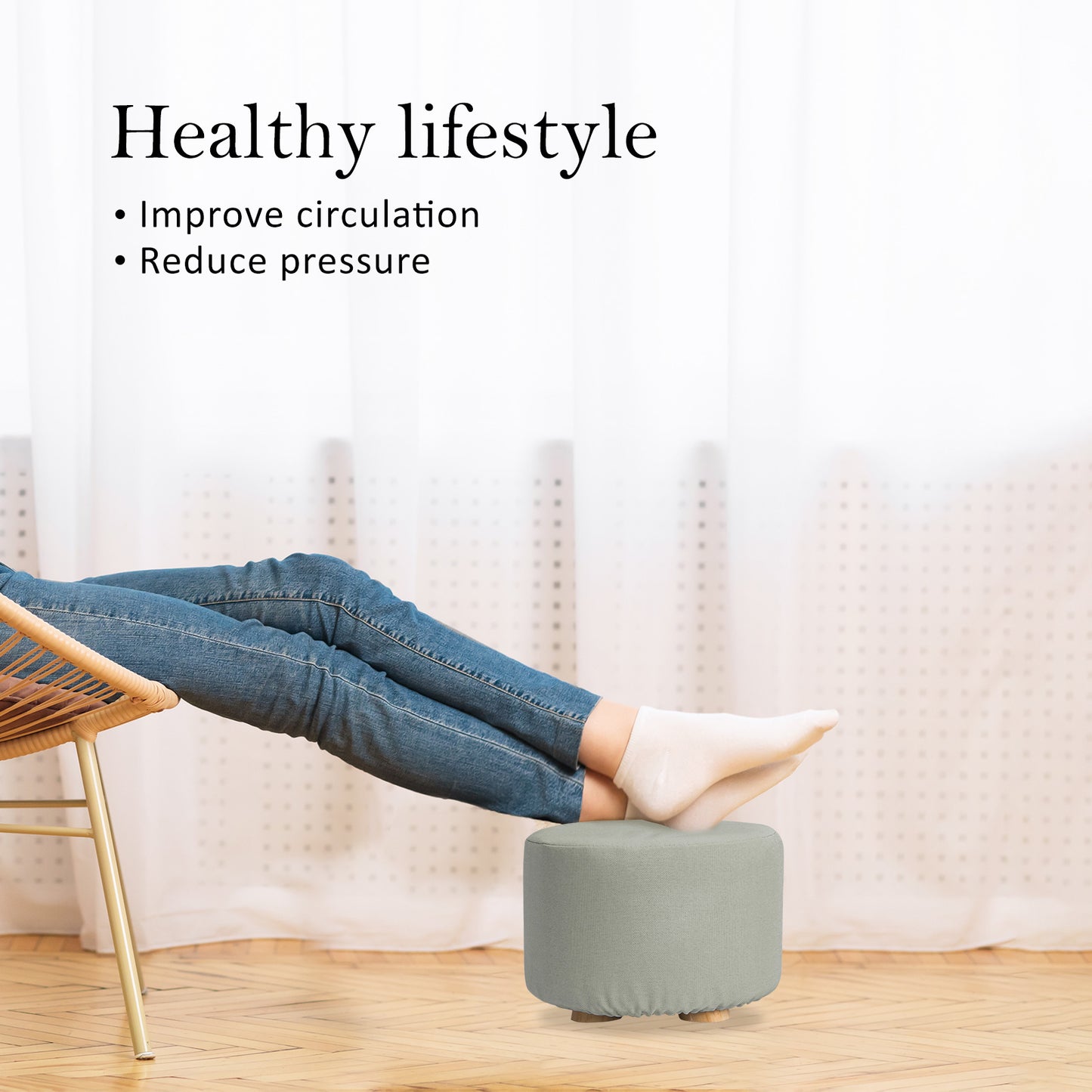 Fabric Ottoman Round Wooden Leg Foot Stool - GREY - Cosy Abode