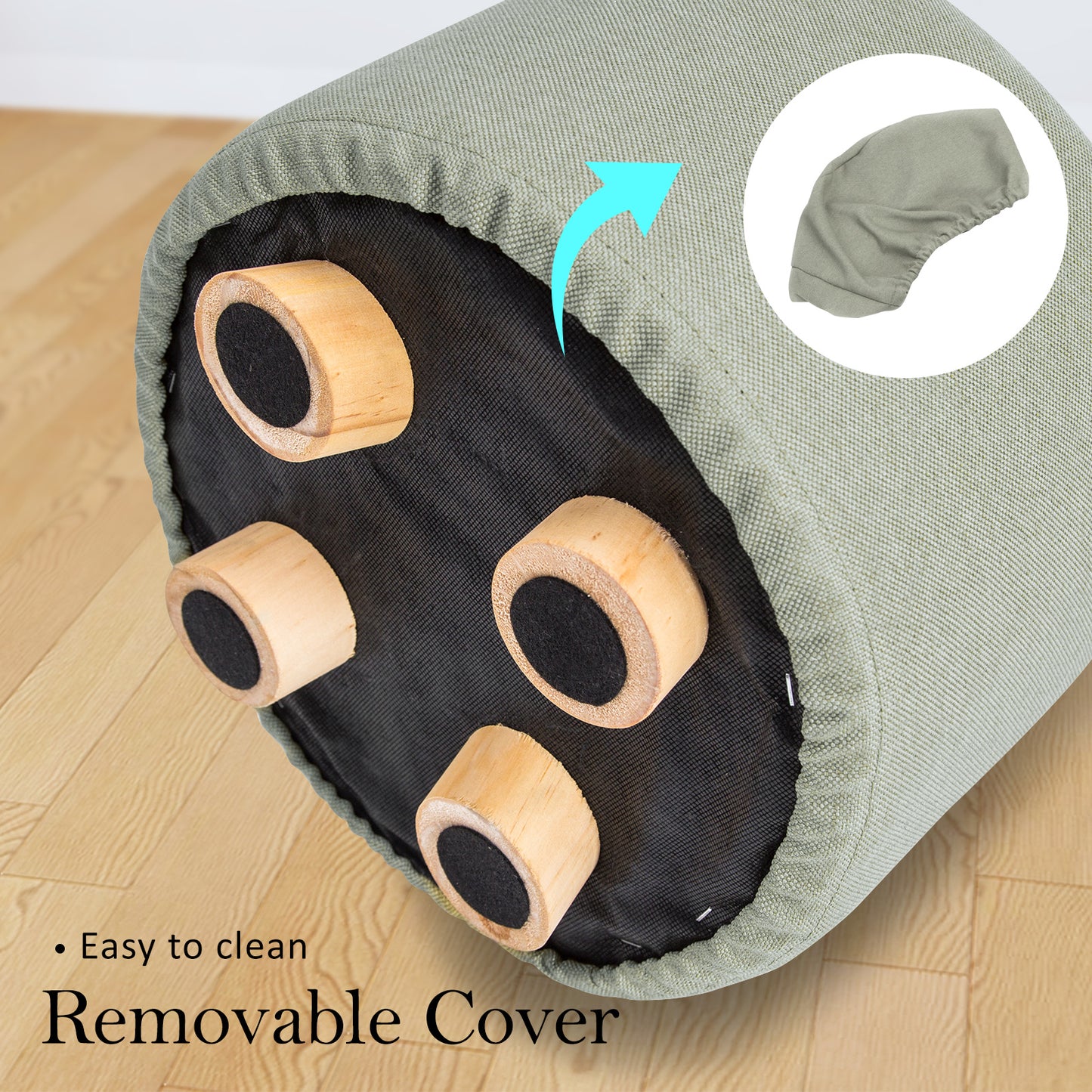 Fabric Ottoman Round Wooden Leg Foot Stool - GREY - Cosy Abode