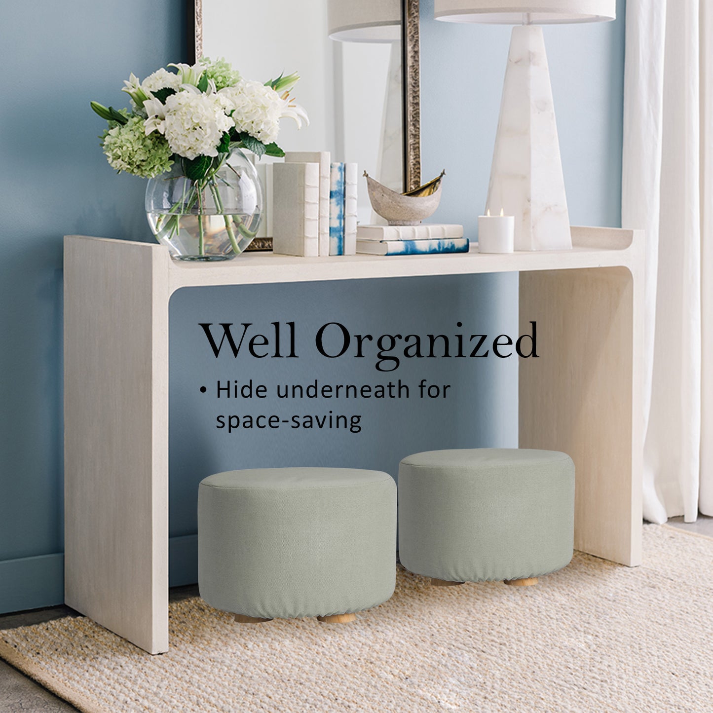 Fabric Ottoman Round Wooden Leg Foot Stool - GREY - Cosy Abode