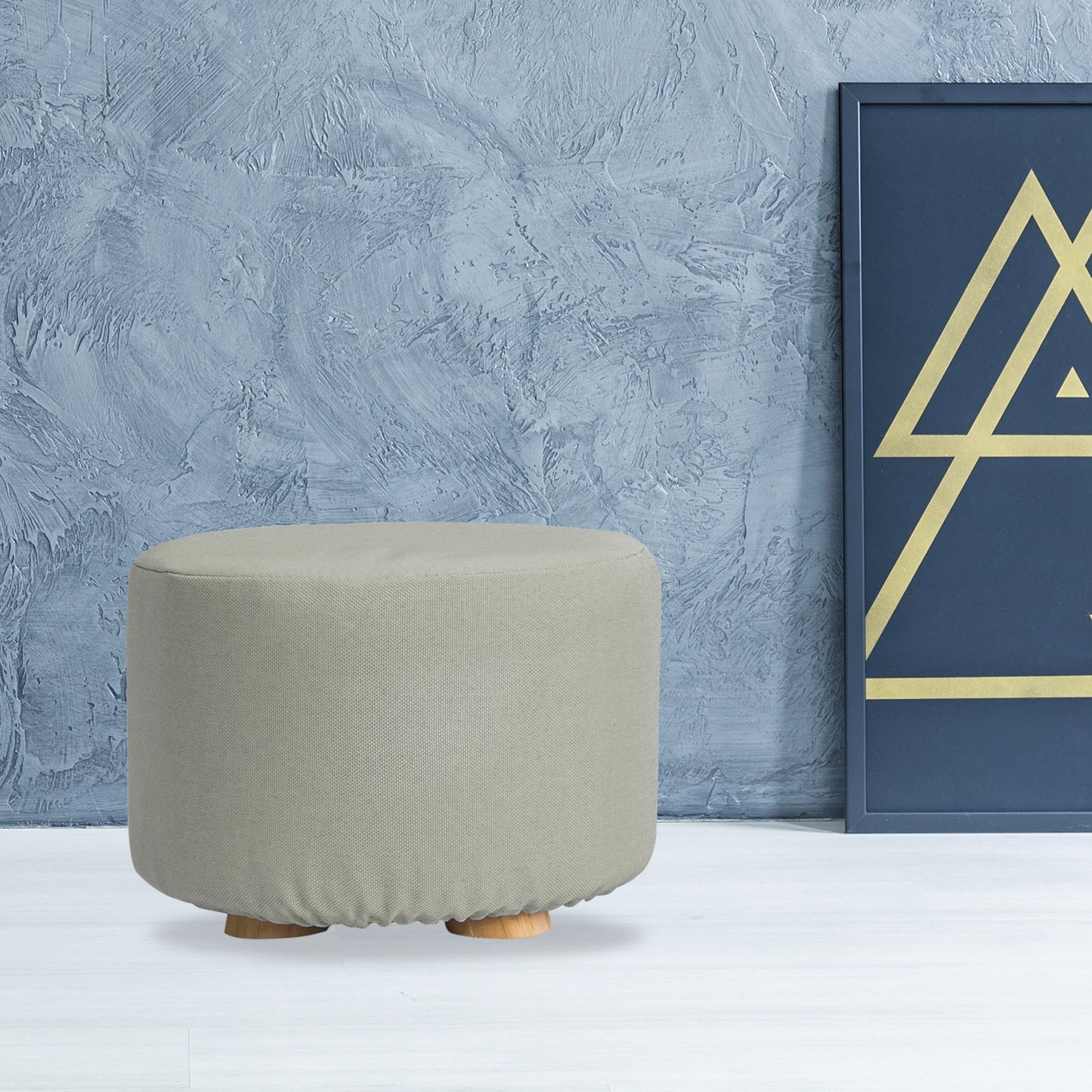 Fabric Ottoman Round Wooden Leg Foot Stool - GREY - Cosy Abode