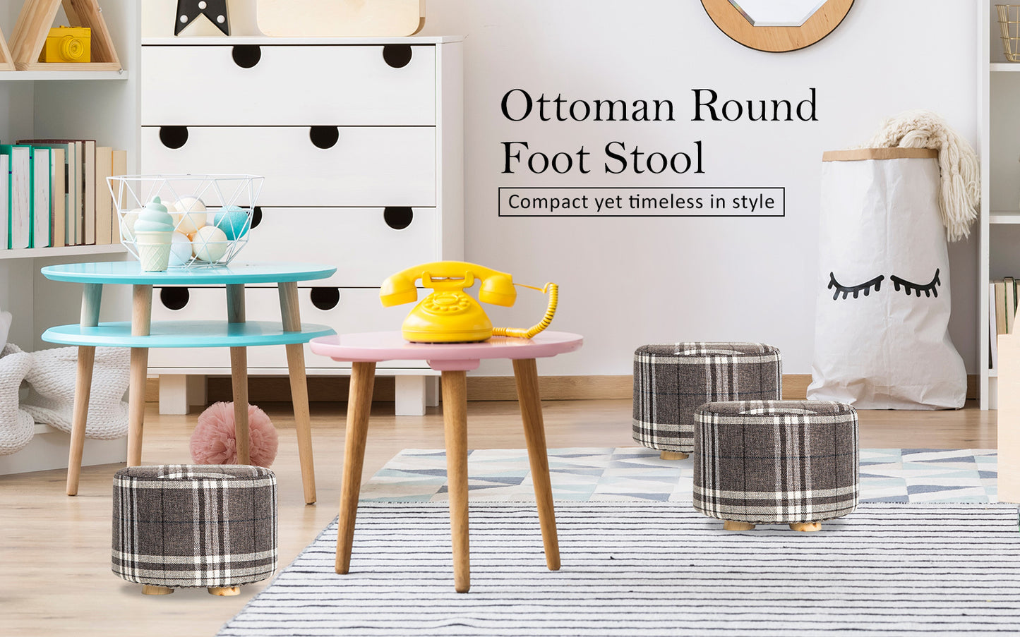 Fabric Ottoman Round Wooden Leg Foot Stool - LATTICE - Cosy Abode