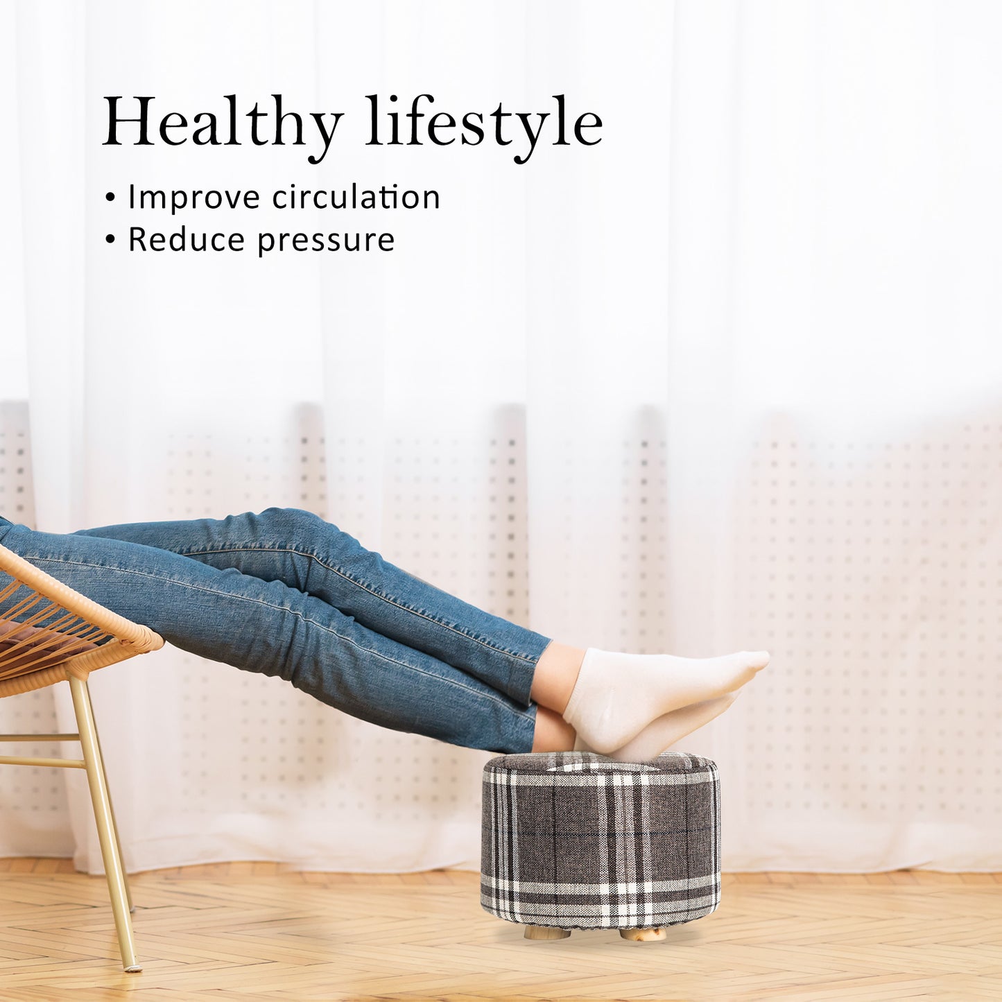 Fabric Ottoman Round Wooden Leg Foot Stool - LATTICE - Cosy Abode