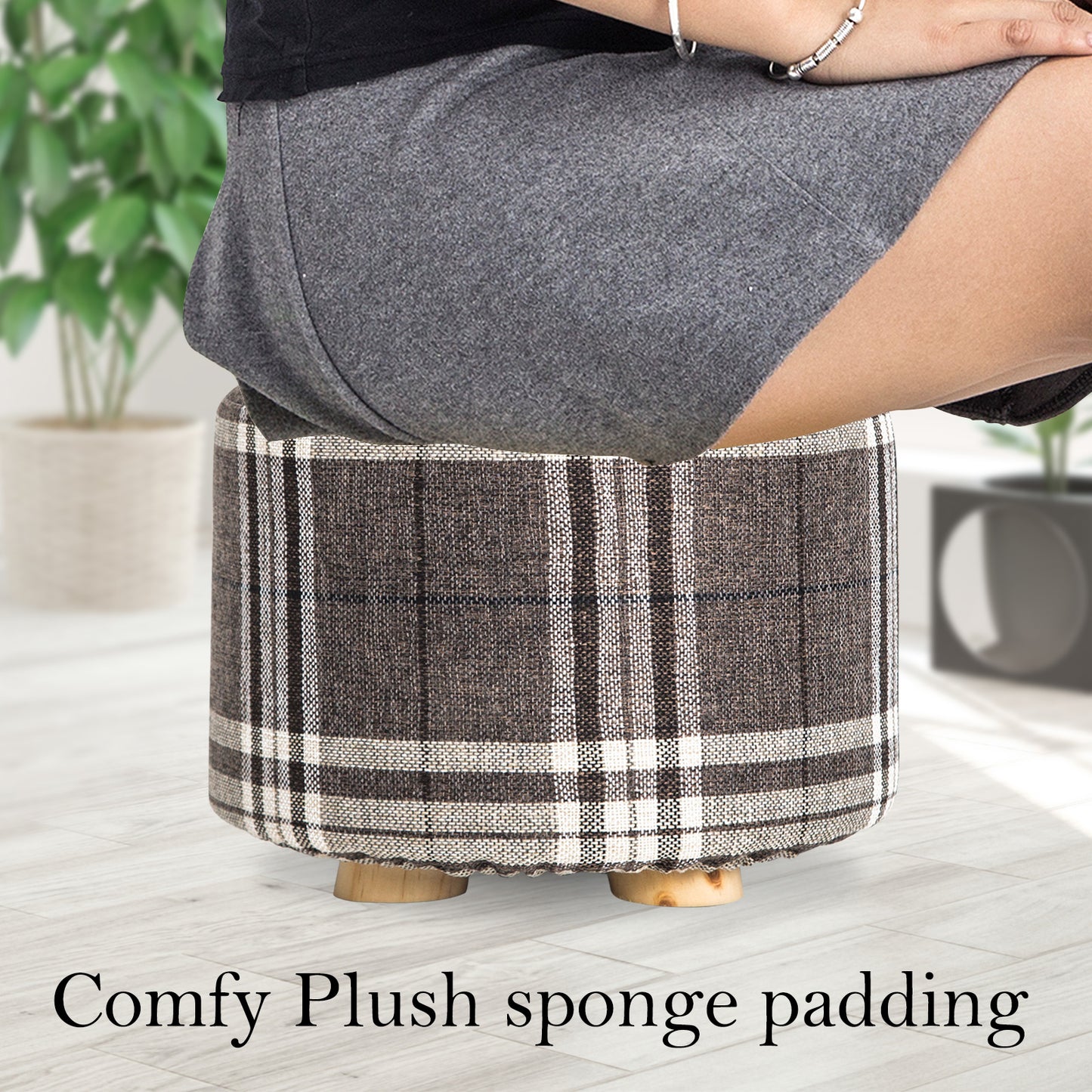 Fabric Ottoman Round Wooden Leg Foot Stool - LATTICE - Cosy Abode