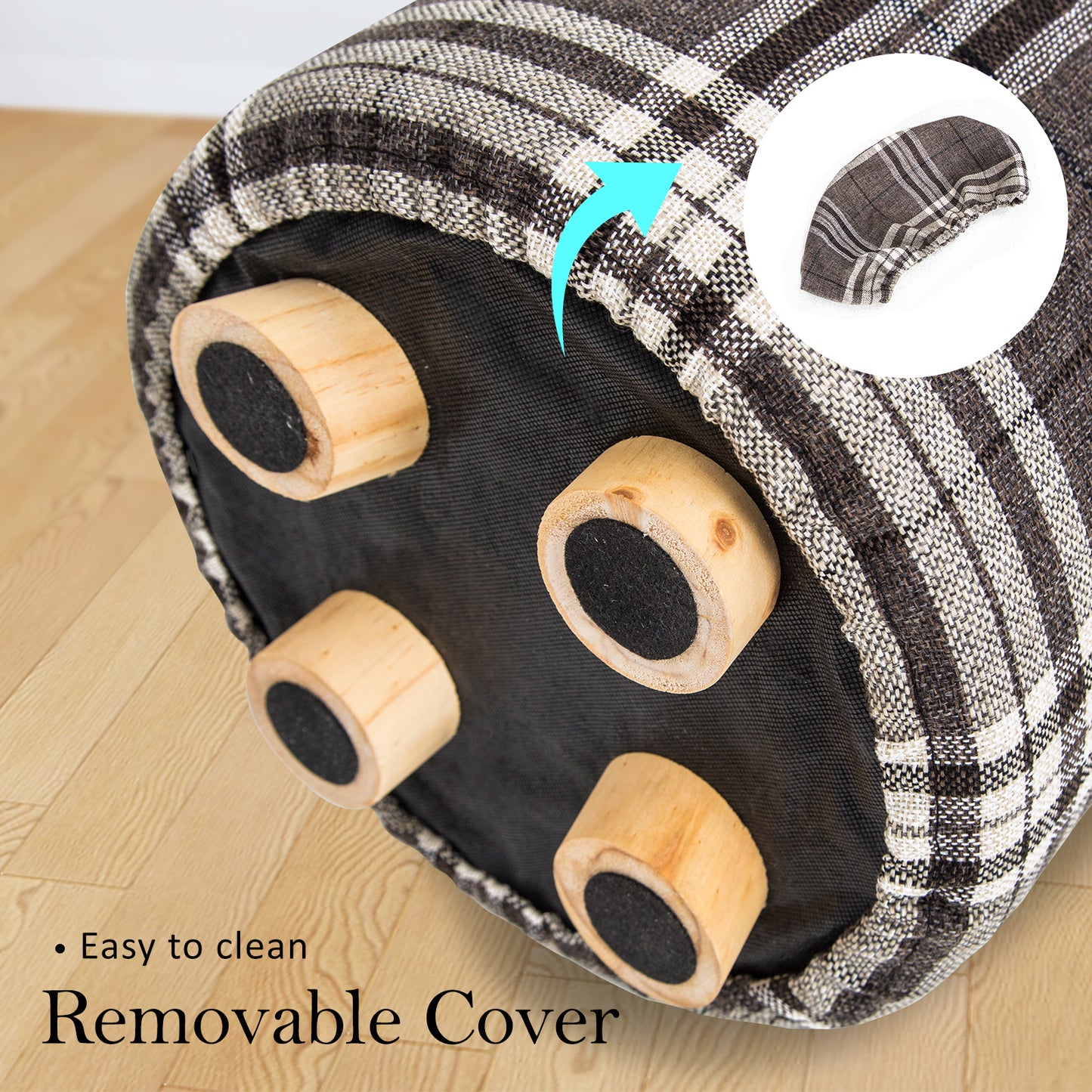 Fabric Ottoman Round Wooden Leg Foot Stool - LATTICE - Cosy Abode
