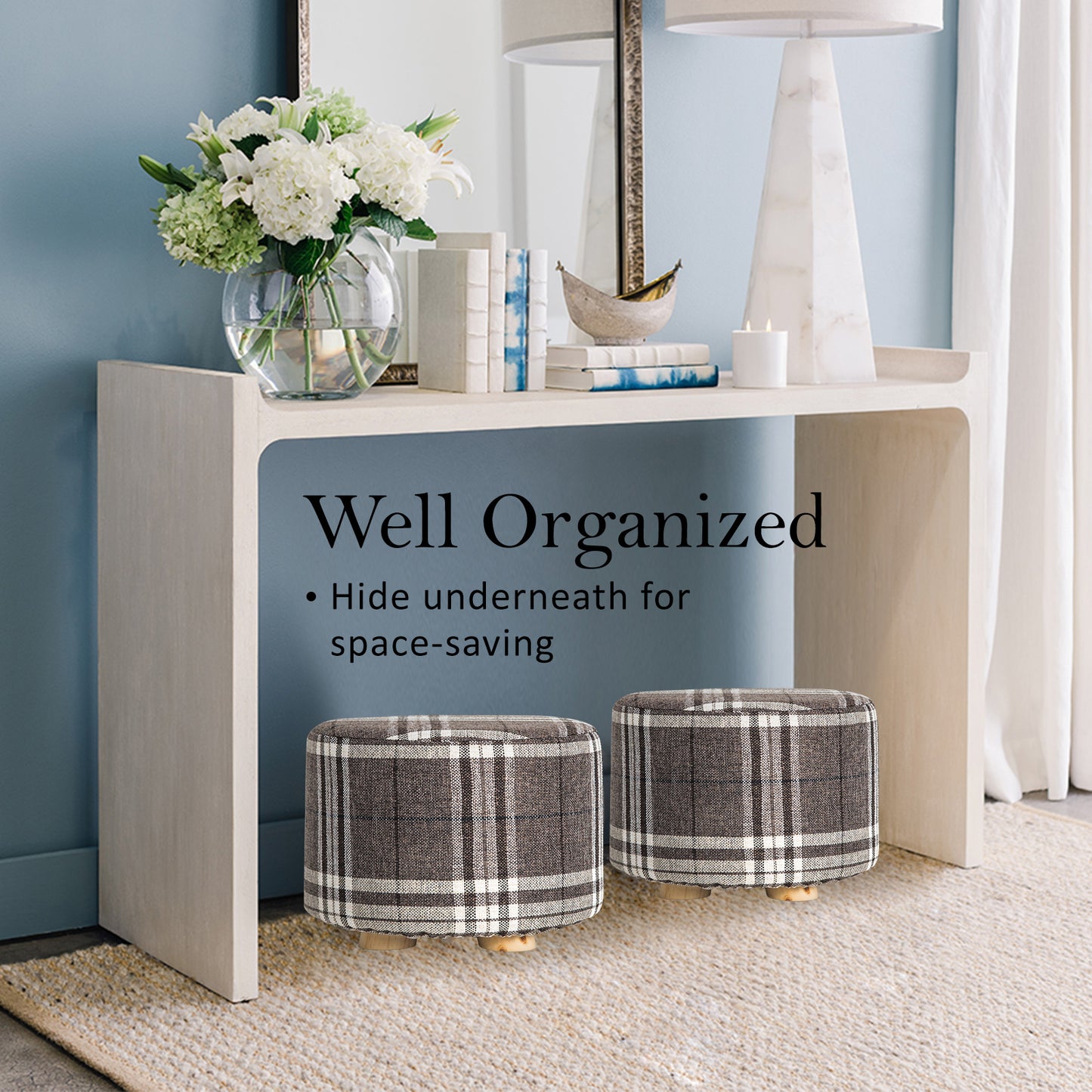 Fabric Ottoman Round Wooden Leg Foot Stool - LATTICE - Cosy Abode