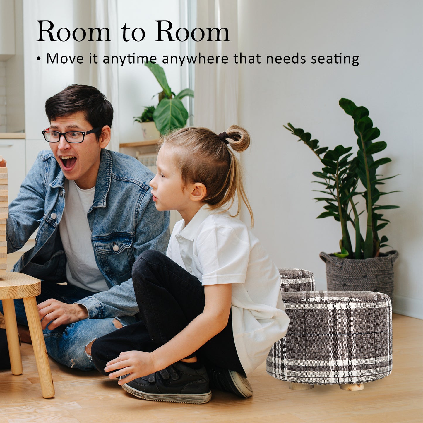 Fabric Ottoman Round Wooden Leg Foot Stool - LATTICE - Cosy Abode