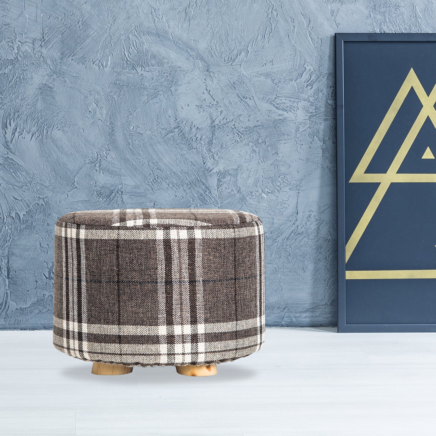 Fabric Ottoman Round Wooden Leg Foot Stool - LATTICE - Cosy Abode