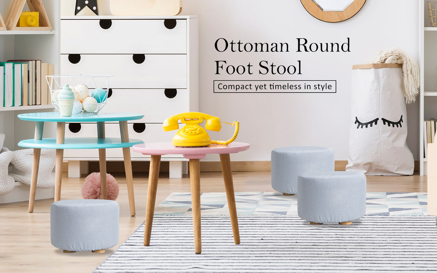 Fabric Ottoman Round Wooden Leg Foot Stool - LIGHT BLUE - Cosy Abode