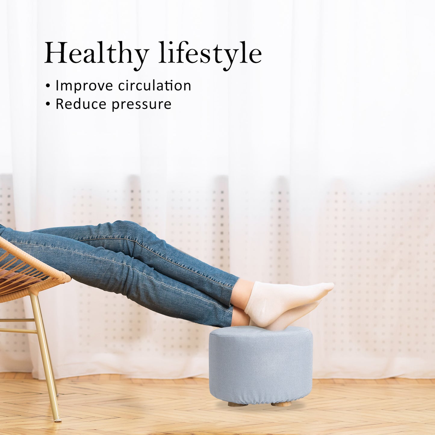 Fabric Ottoman Round Wooden Leg Foot Stool - LIGHT BLUE - Cosy Abode