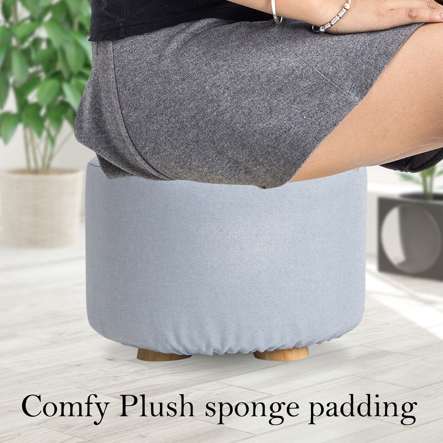 Fabric Ottoman Round Wooden Leg Foot Stool - LIGHT BLUE - Cosy Abode