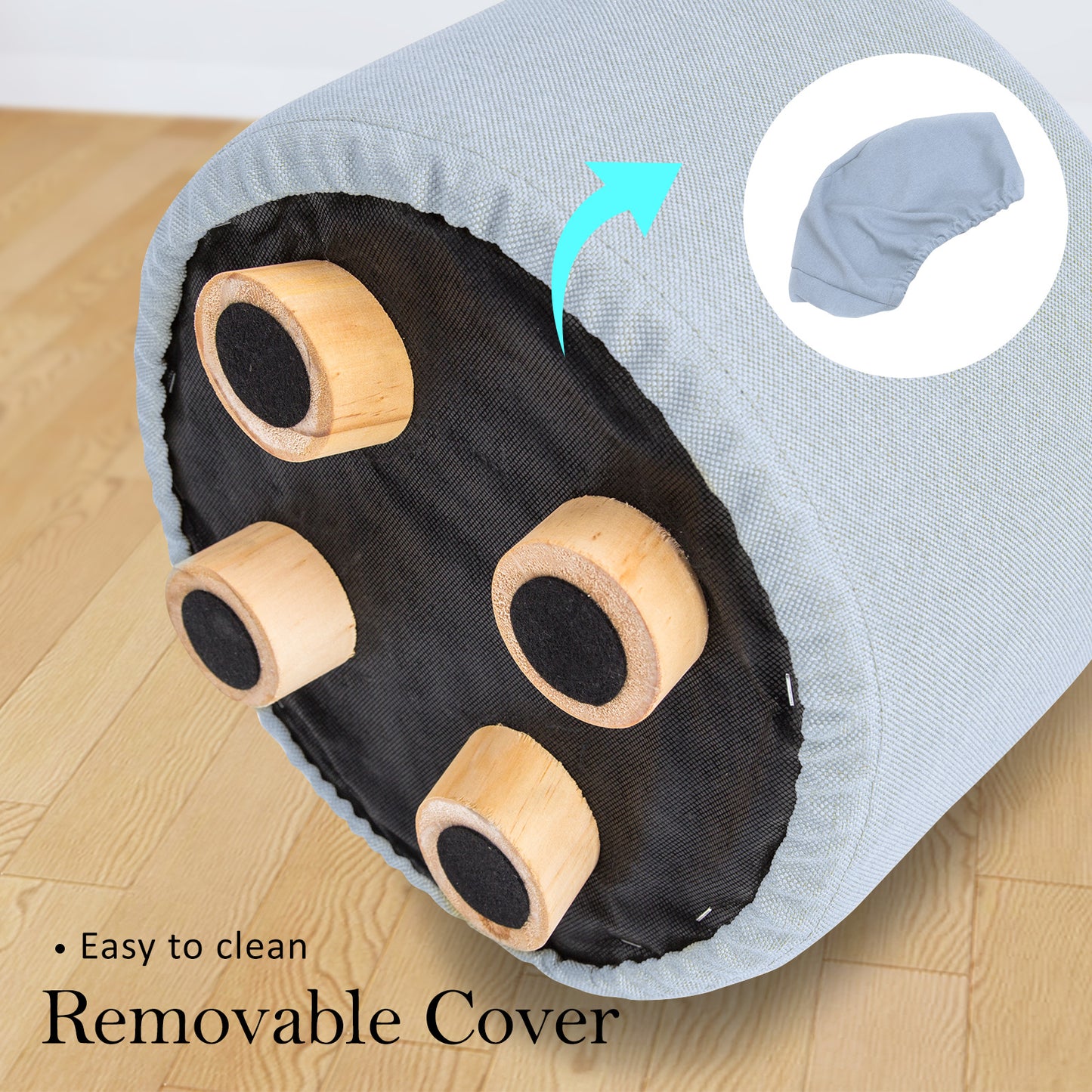 Fabric Ottoman Round Wooden Leg Foot Stool - LIGHT BLUE - Cosy Abode