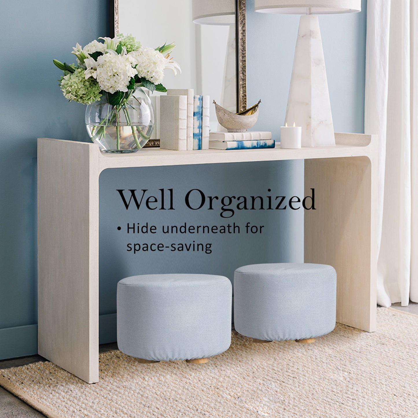 Fabric Ottoman Round Wooden Leg Foot Stool - LIGHT BLUE - Cosy Abode