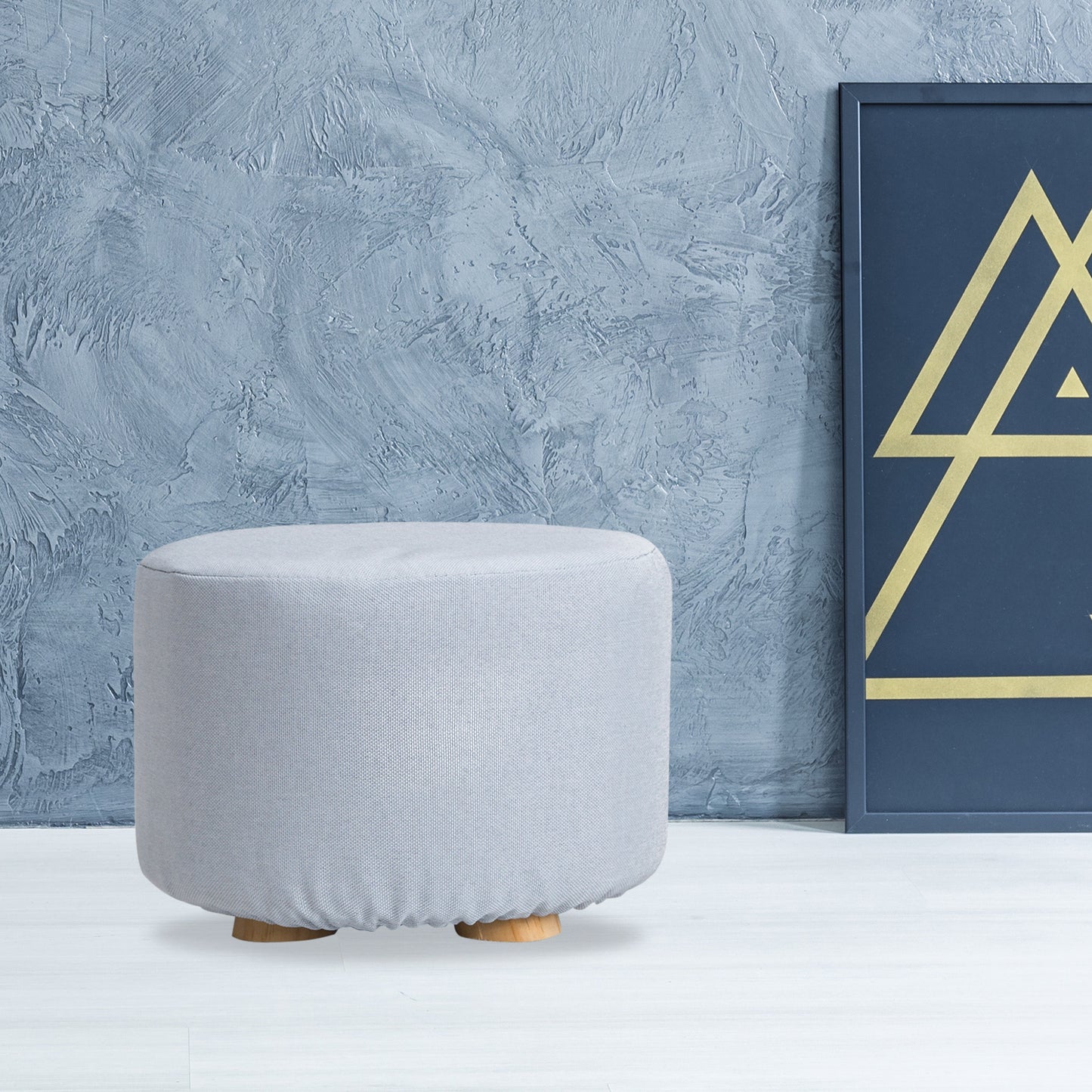 Fabric Ottoman Round Wooden Leg Foot Stool - LIGHT BLUE - Cosy Abode