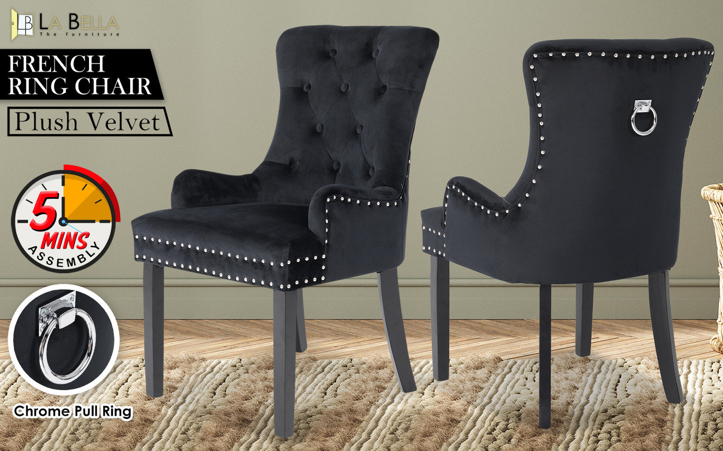French Provincial Dining Chair Ring Studded Velvet Rubberwood Leg LISSE BLACK - Cosy Abode
