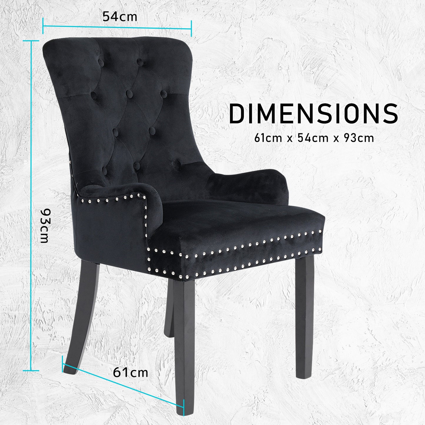 French Provincial Dining Chair Ring Studded Velvet Rubberwood Leg LISSE BLACK - Cosy Abode