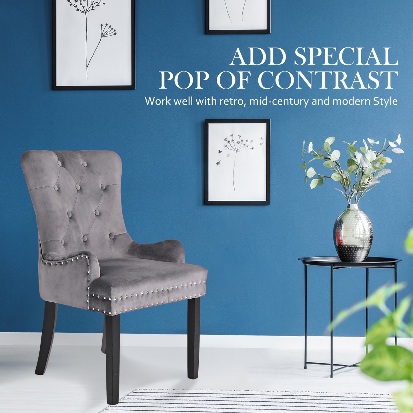French Provincial Dining Chair Ring Studded Velvet Rubberwood Leg LISSE GREY - Cosy Abode
