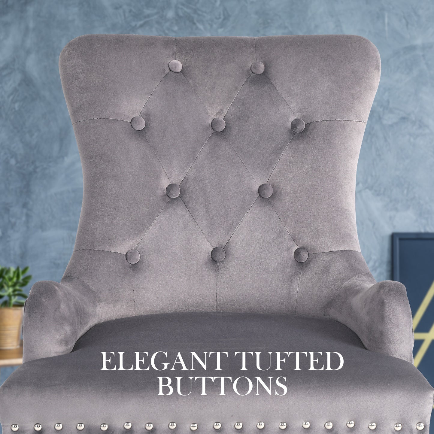 French Provincial Dining Chair Ring Studded Velvet Rubberwood Leg LISSE GREY - Cosy Abode