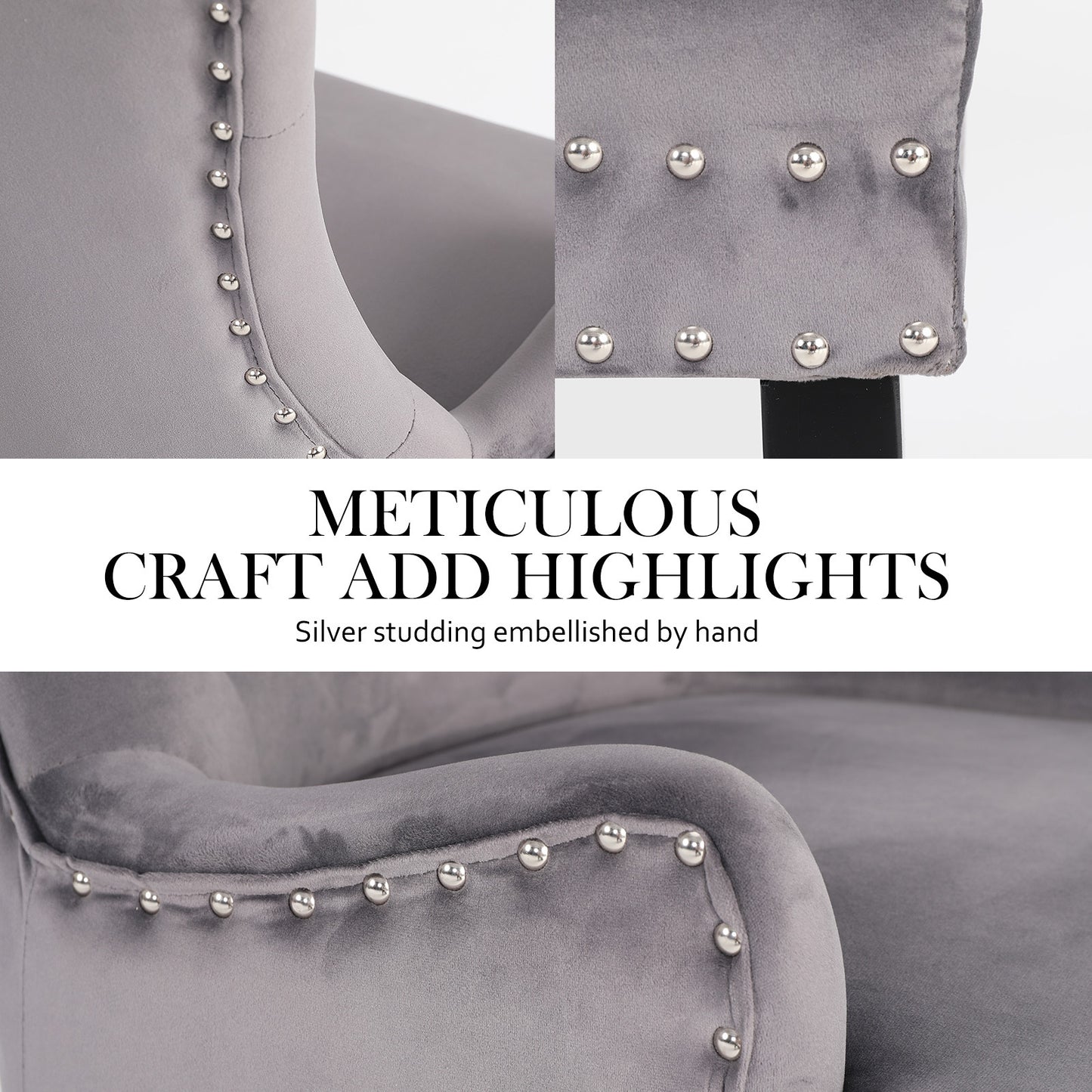 French Provincial Dining Chair Ring Studded Velvet Rubberwood Leg LISSE GREY - Cosy Abode