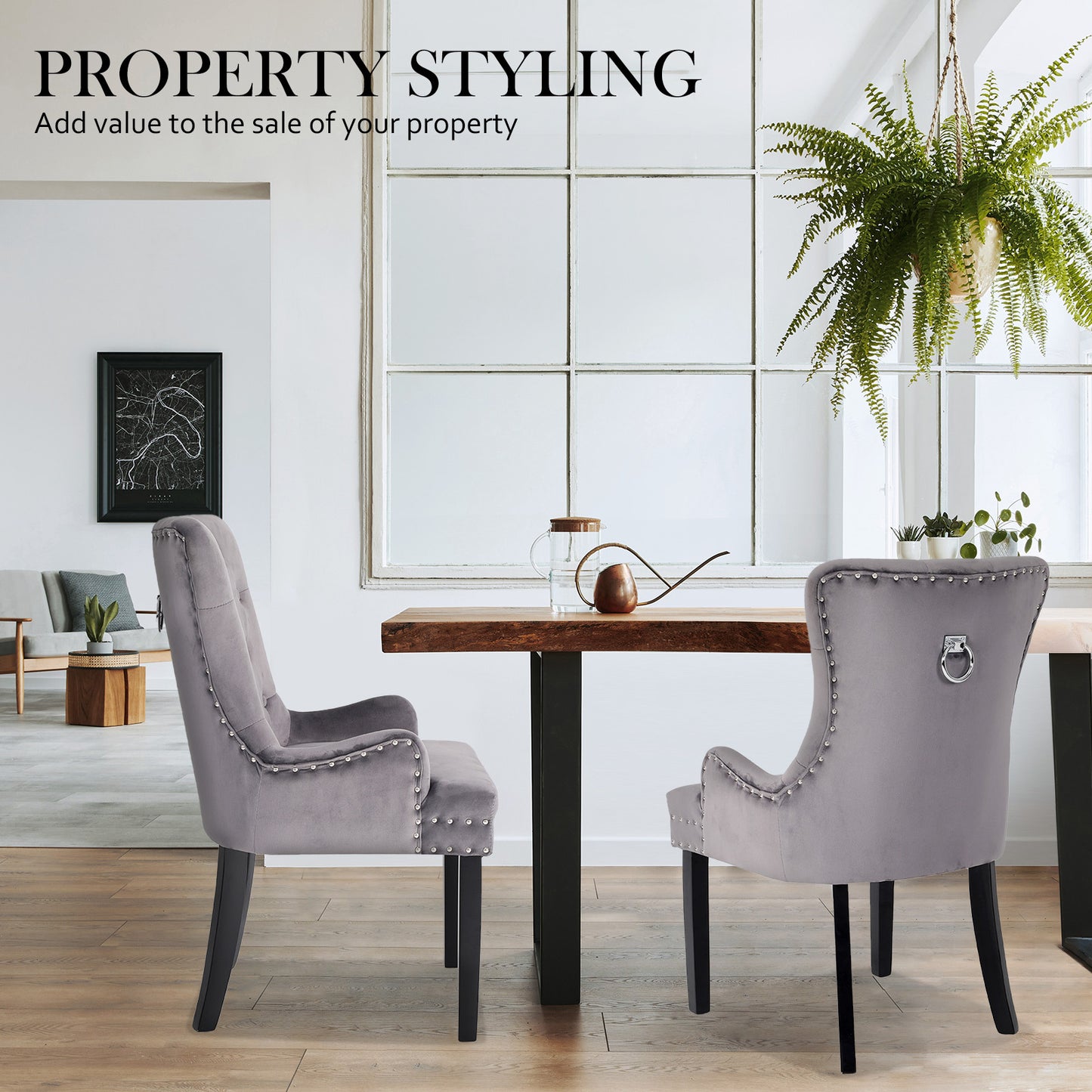 French Provincial Dining Chair Ring Studded Velvet Rubberwood Leg LISSE GREY - Cosy Abode