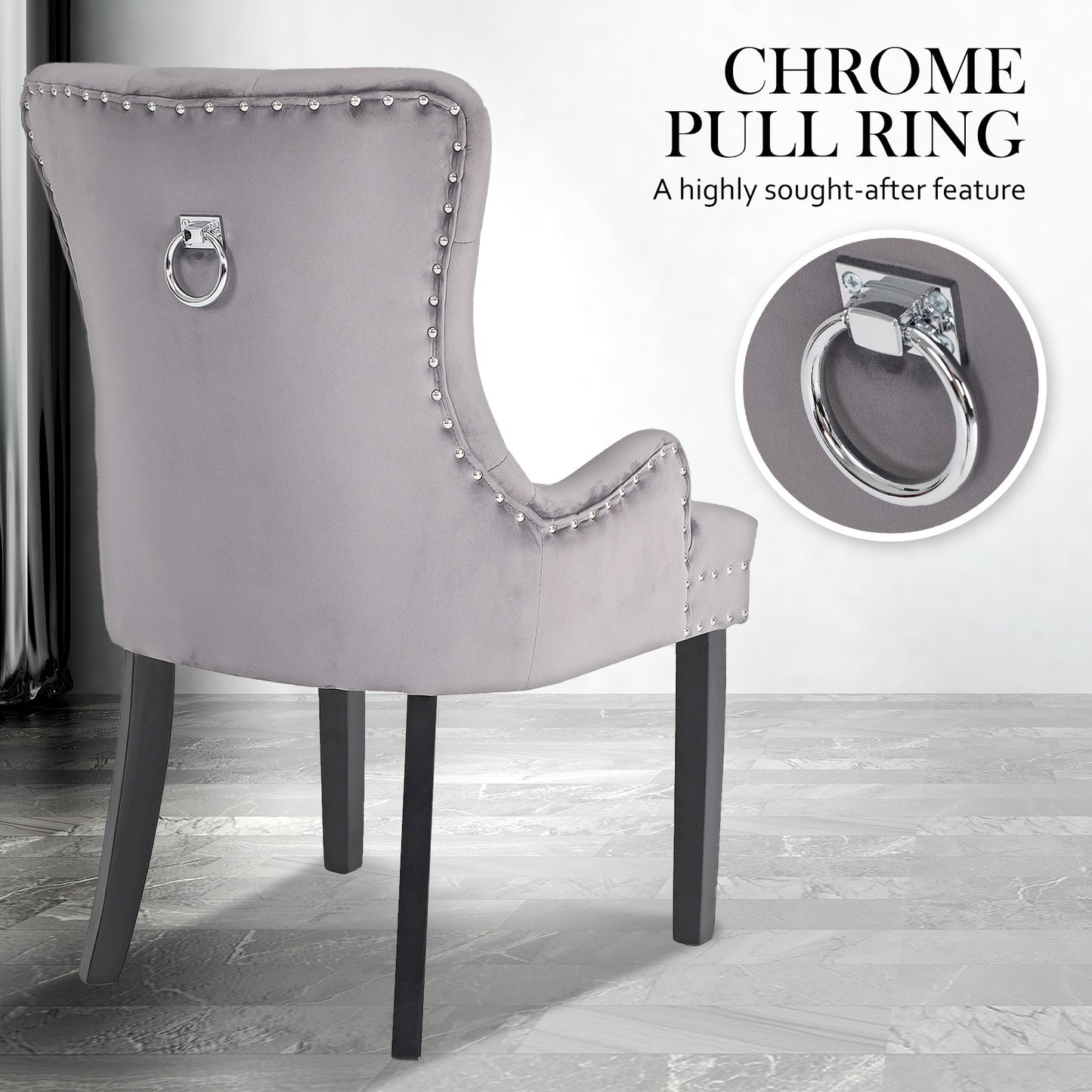 French Provincial Dining Chair Ring Studded Velvet Rubberwood Leg LISSE GREY - Cosy Abode
