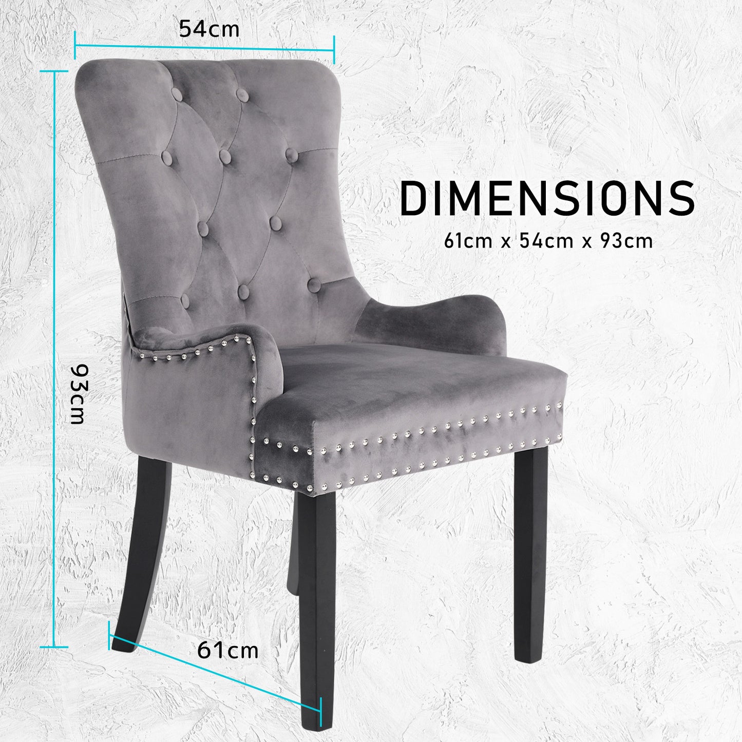 French Provincial Dining Chair Ring Studded Velvet Rubberwood Leg LISSE GREY - Cosy Abode