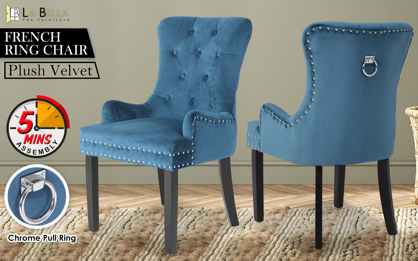 French Provincial Dining Chair Ring Studded Velvet Rubberwood Leg LISSE NAVY BLUE - Cosy Abode