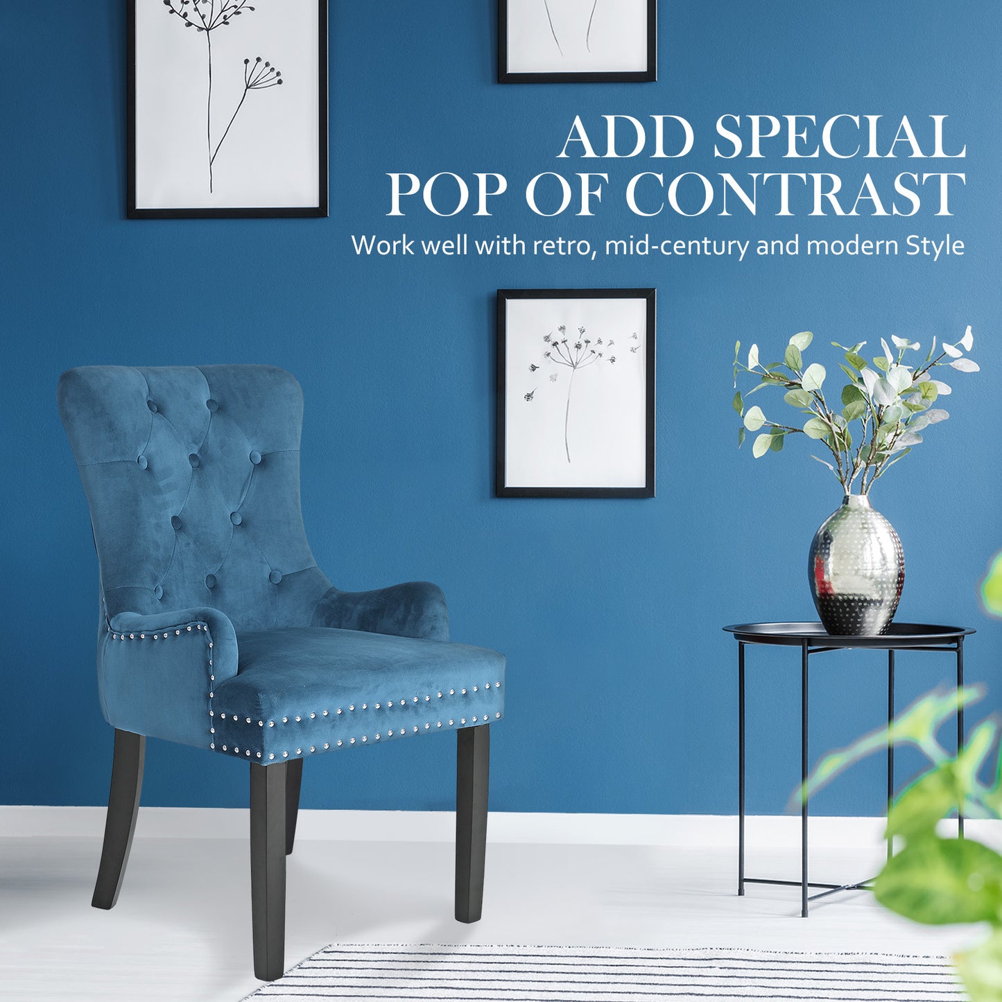 French Provincial Dining Chair Ring Studded Velvet Rubberwood Leg LISSE NAVY BLUE - Cosy Abode