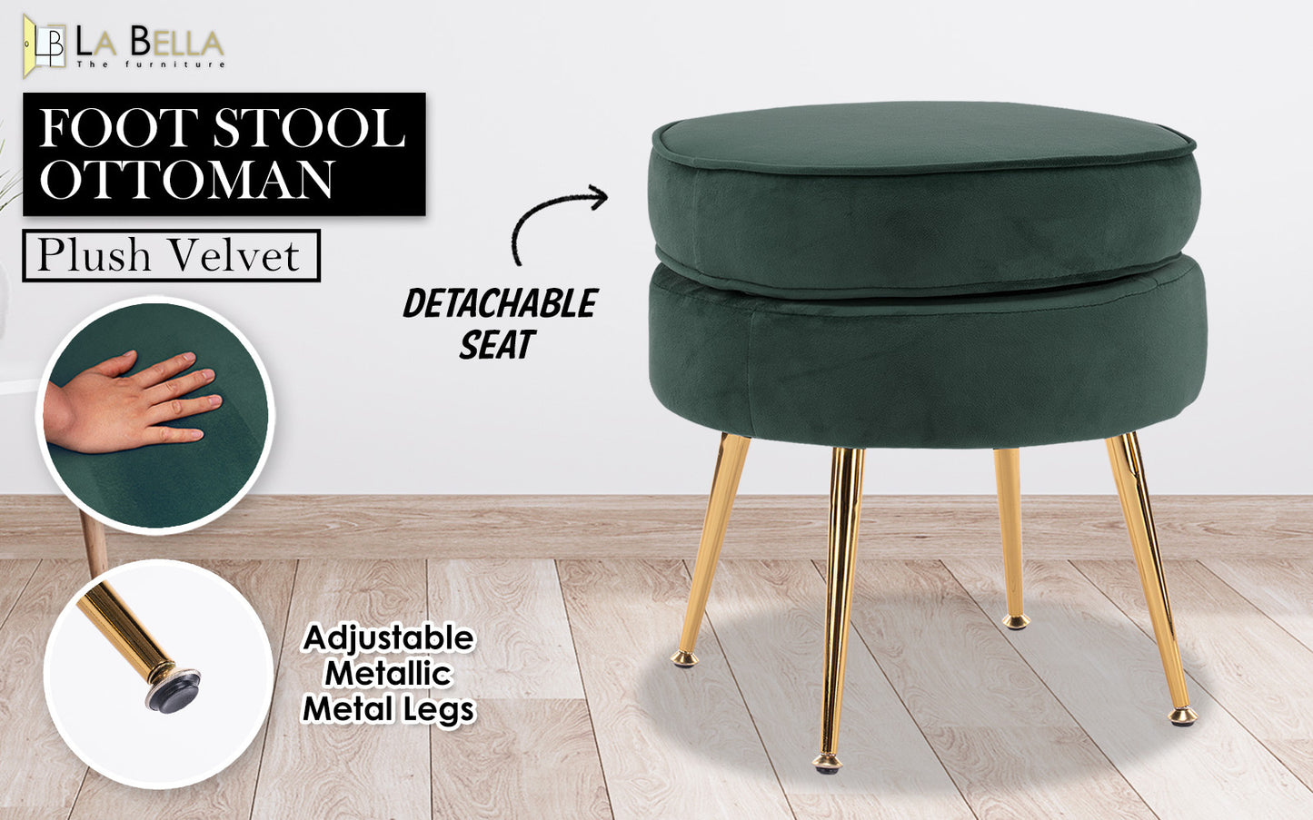 Ottoman Foot Stool Velvet Fabric Metal Leg Round - GREEN - Cosy Abode
