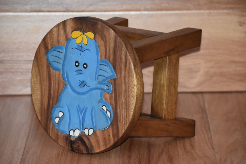 Children's Wooden Stool Blue Baby ELEPHANT Themed Chair Toddlers Step sitting Stool - Cosy Abode