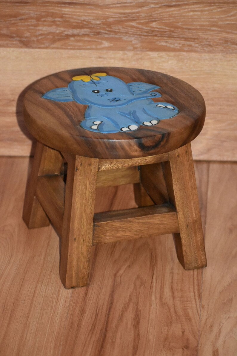 Children's Wooden Stool Blue Baby ELEPHANT Themed Chair Toddlers Step sitting Stool - Cosy Abode