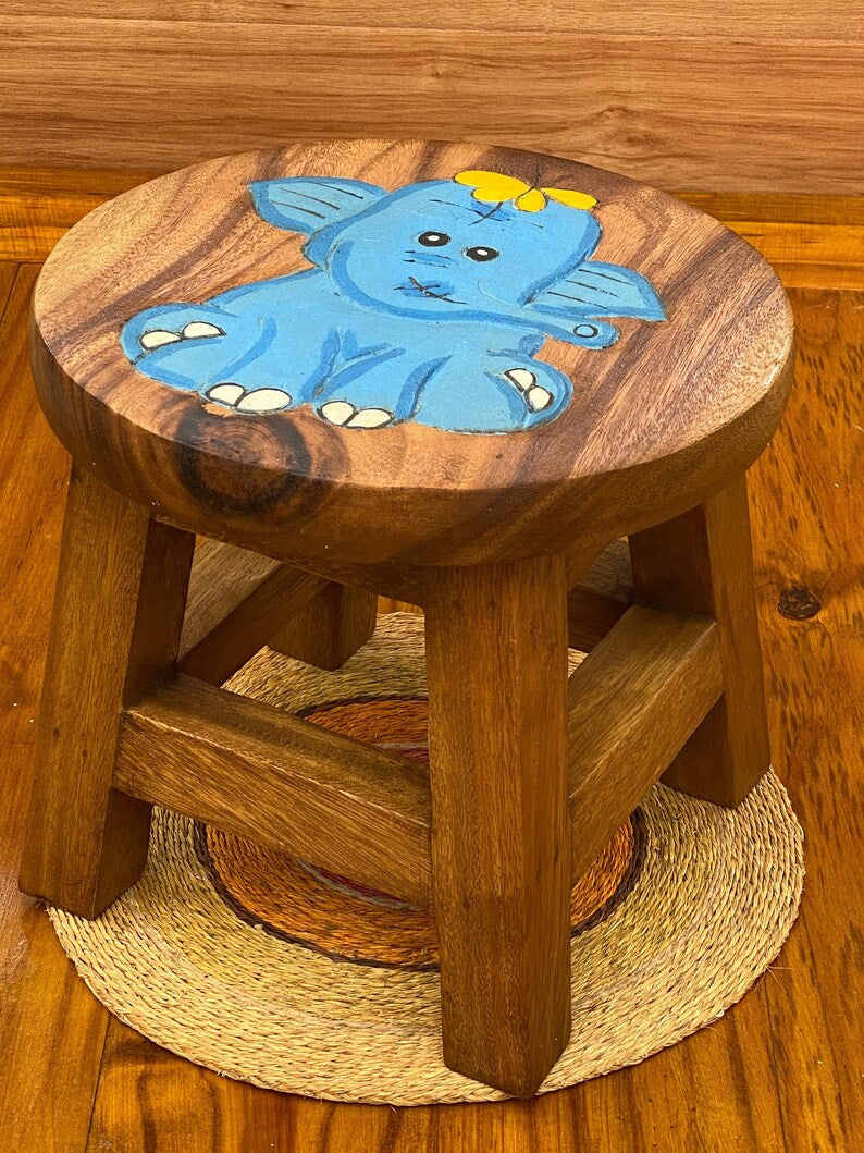 Children's Wooden Stool Blue Baby ELEPHANT Themed Chair Toddlers Step sitting Stool - Cosy Abode