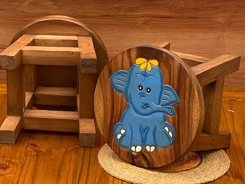 Children's Wooden Stool Blue Baby ELEPHANT Themed Chair Toddlers Step sitting Stool - Cosy Abode