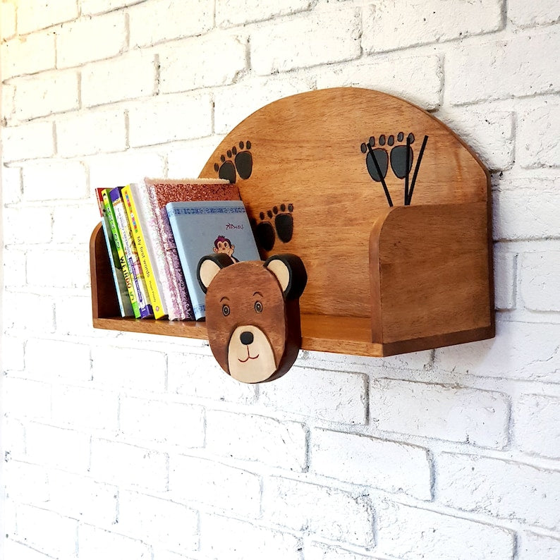 Wooden Wall Mounted Book Shelf Bear theme for children's room - Cosy Abode