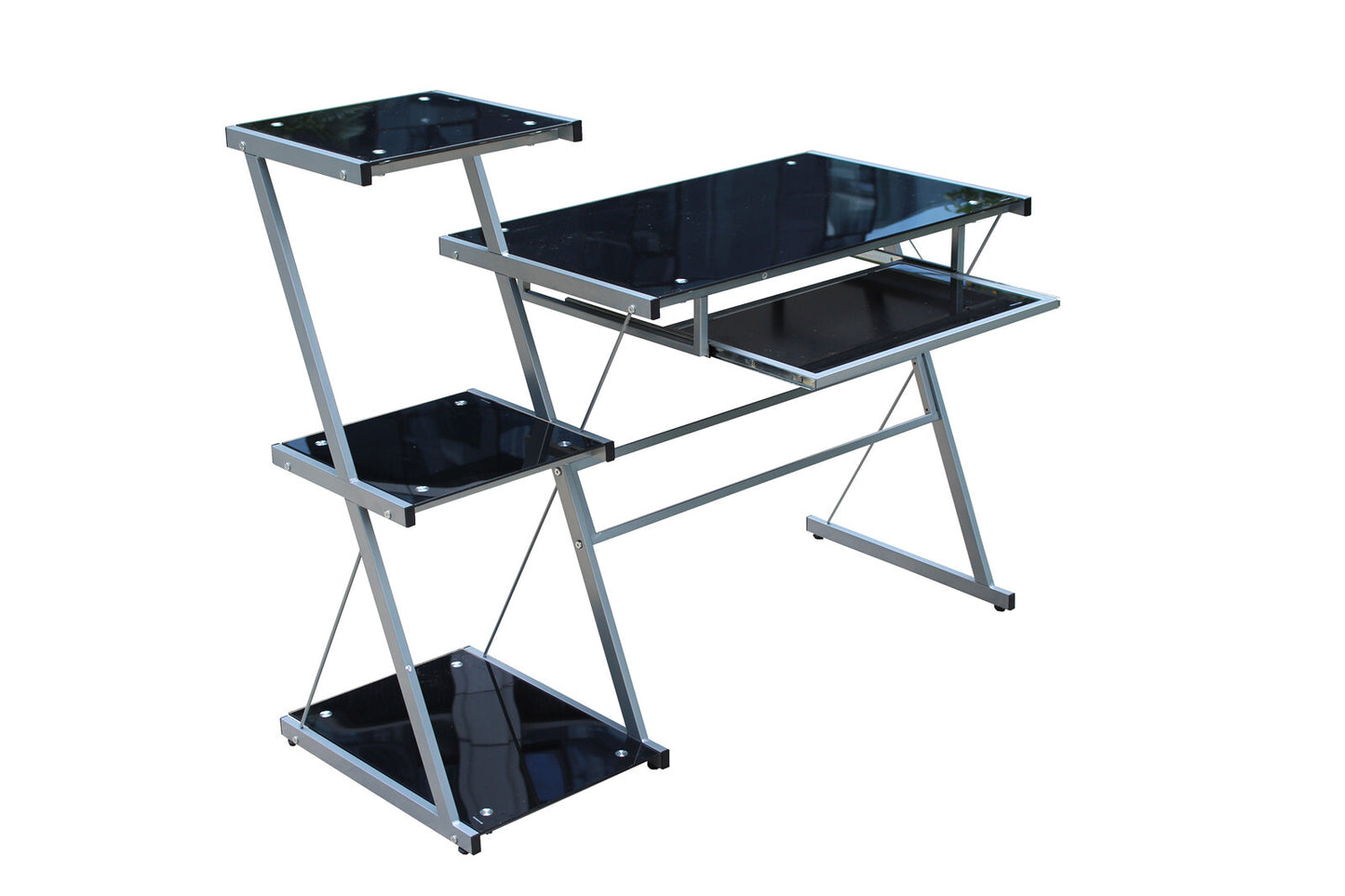 YES4HOMES Metal and Tempered Glass Computer Desk Laptop Writing Desk Gaming Table with Storage Shelves - Cosy Abode