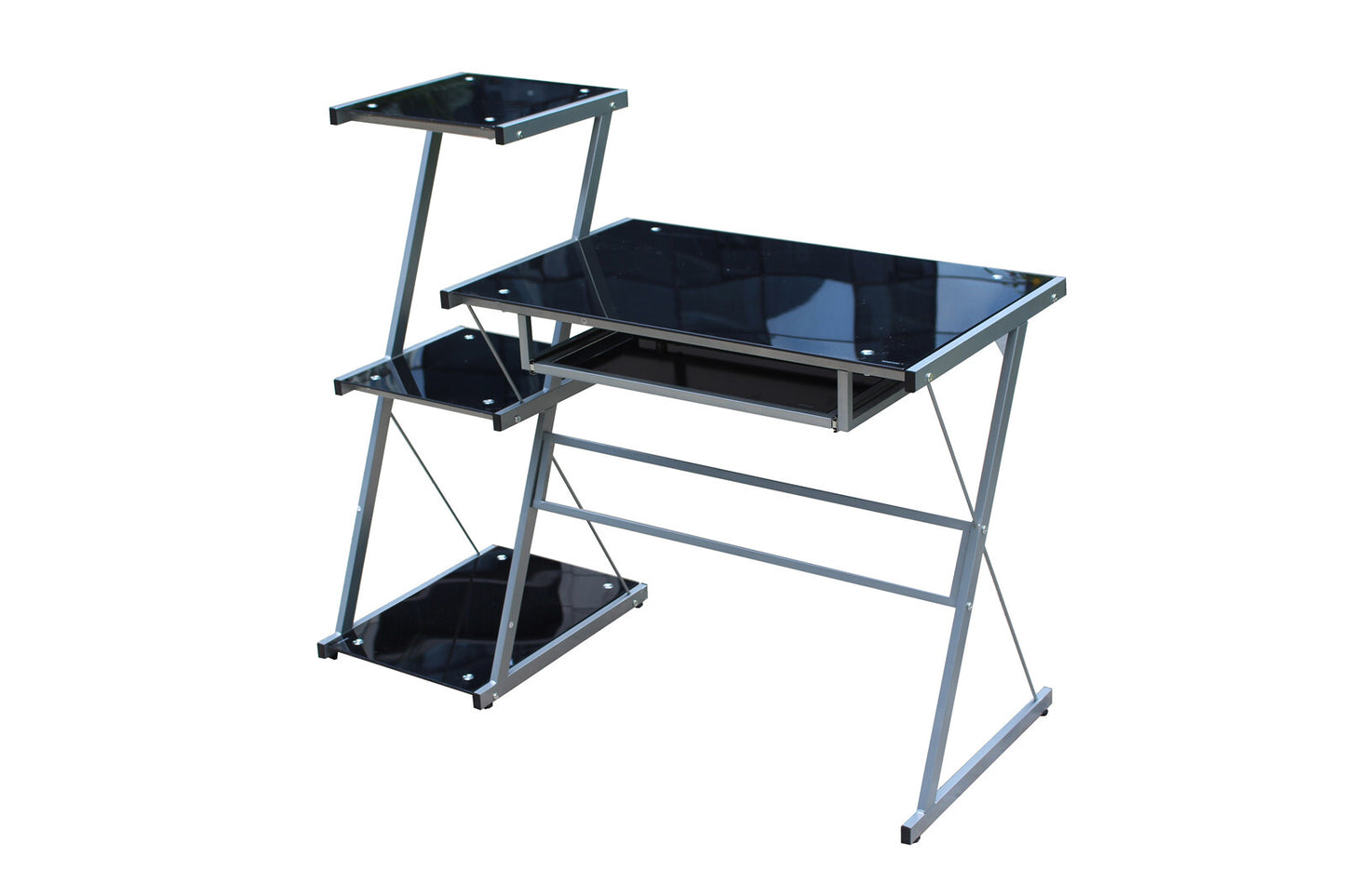 YES4HOMES Metal and Tempered Glass Computer Desk Laptop Writing Desk Gaming Table with Storage Shelves - Cosy Abode