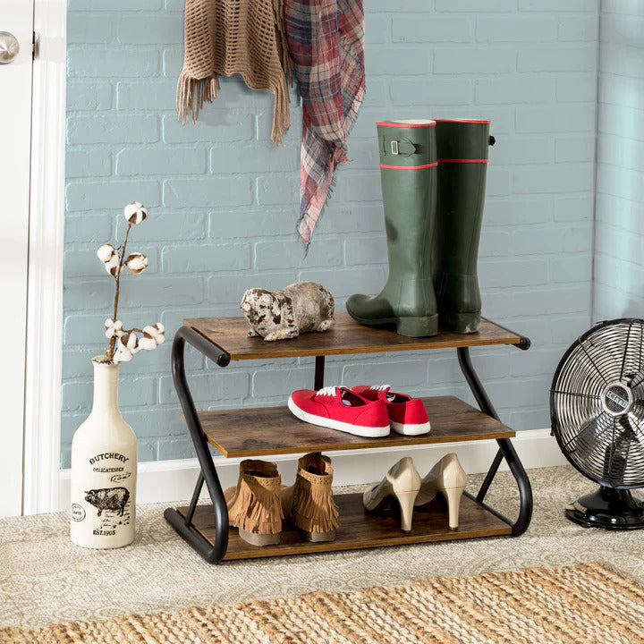 Matte Black Frame Rustic Wood 3-Tier Medium Shoe Rack Shelf Stand Storage Organizer - Cosy Abode