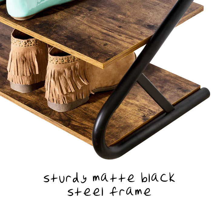 Matte Black Frame Rustic Wood 3-Tier Medium Shoe Rack Shelf Stand Storage Organizer - Cosy Abode