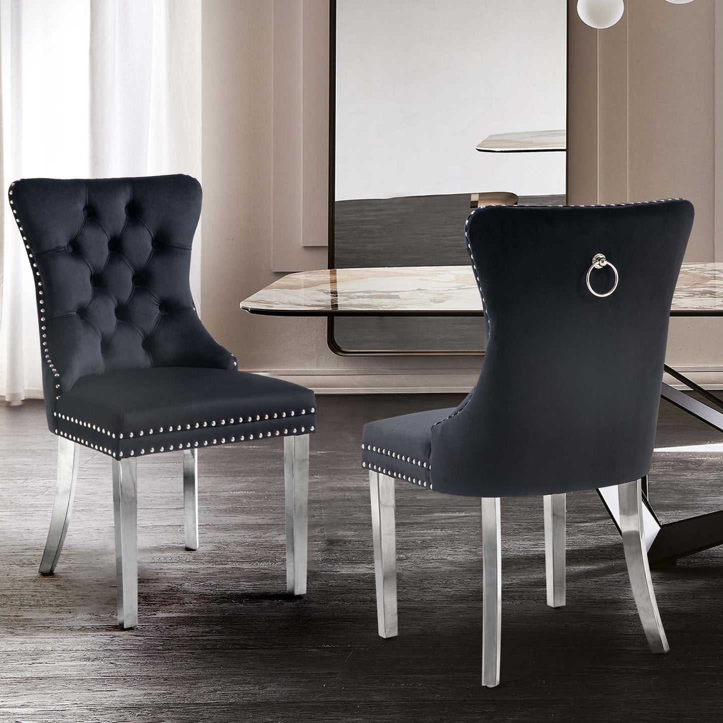 Set of 2 -Alsea Black Velvet & Silver Steel Dining Chairs Upholstered Tufted Stud Trim and Ring - Cosy Abode