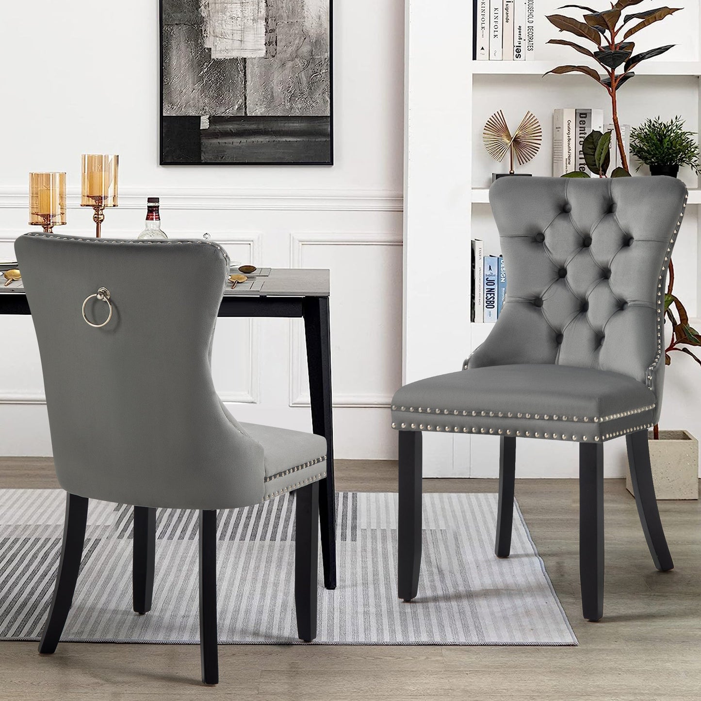 Set of 2 - Alsea Dark Grey Velvet & Black Rubberwood Dining Chairs Upholstered Tufted Stud Trim and Ring - Cosy Abode