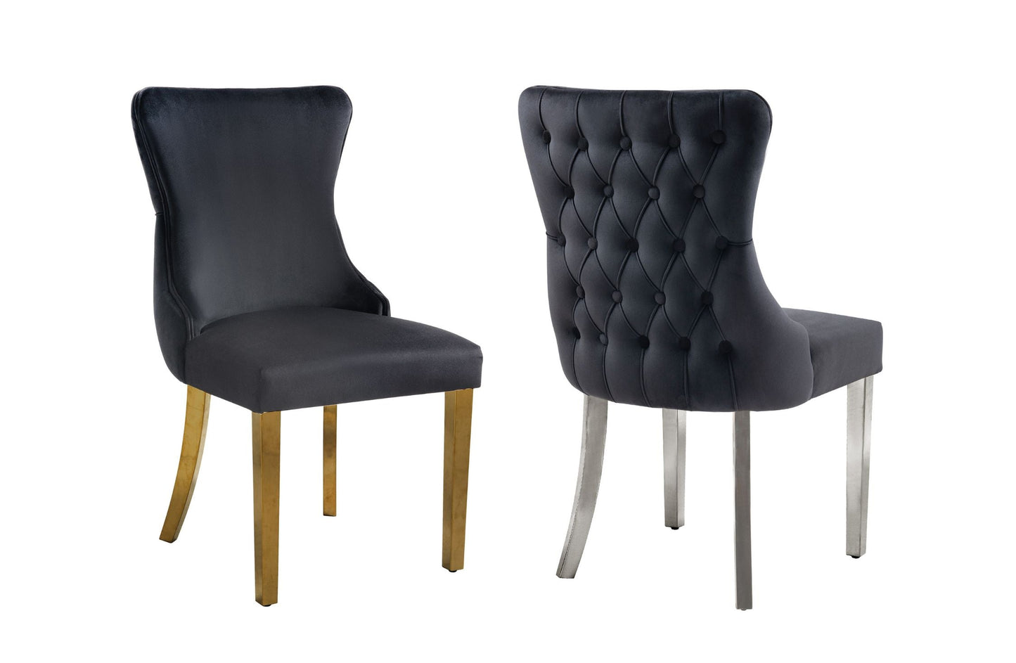 Paris Black Velvet & Gold Polished Steel Upholstered Dining Chairs Tufted Back - Set of 2 - Cosy Abode