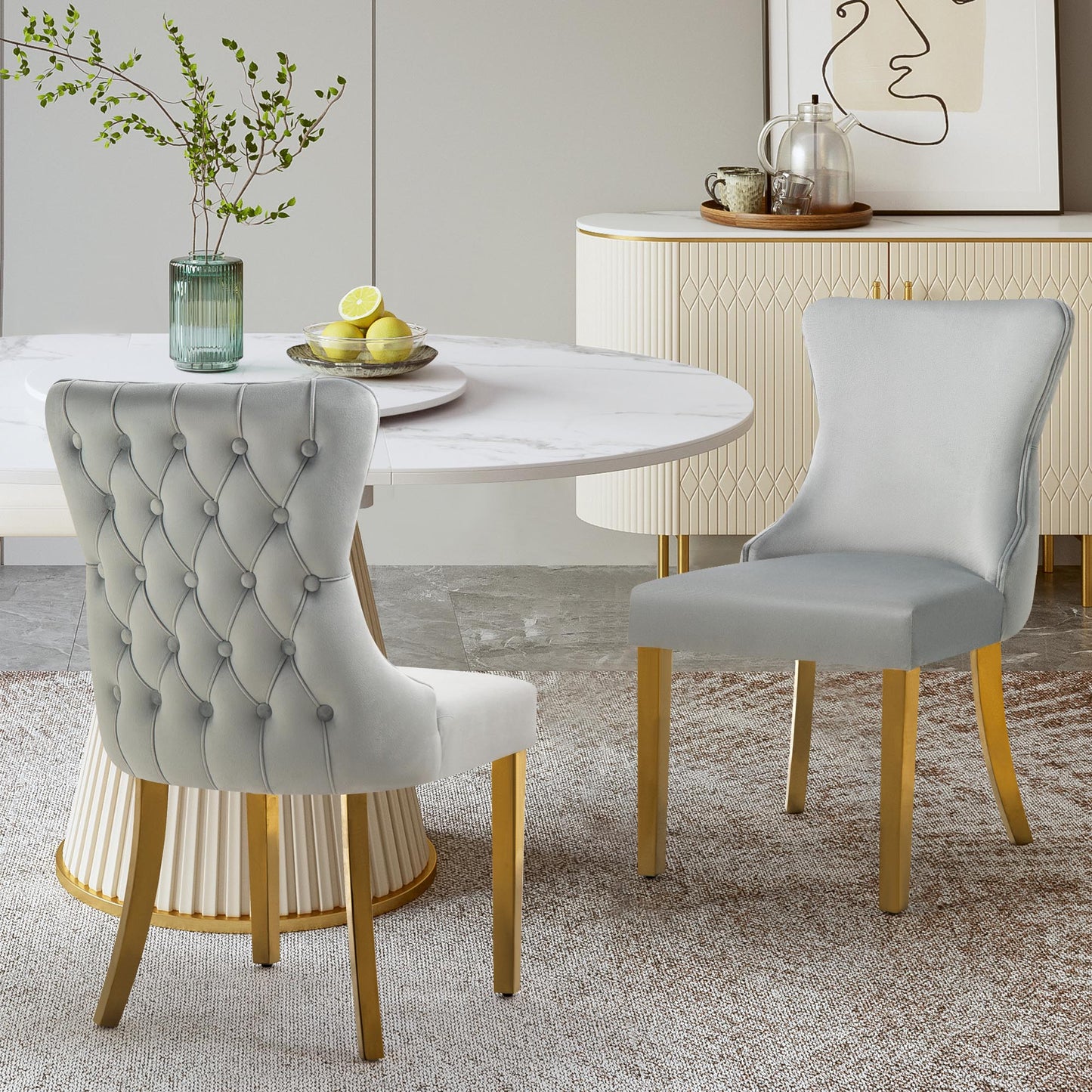 Set of 2 - Paris Light Grey Velvet & Gold Polished Steel Upholstered Dining Chairs Tufted Back - Cosy Abode