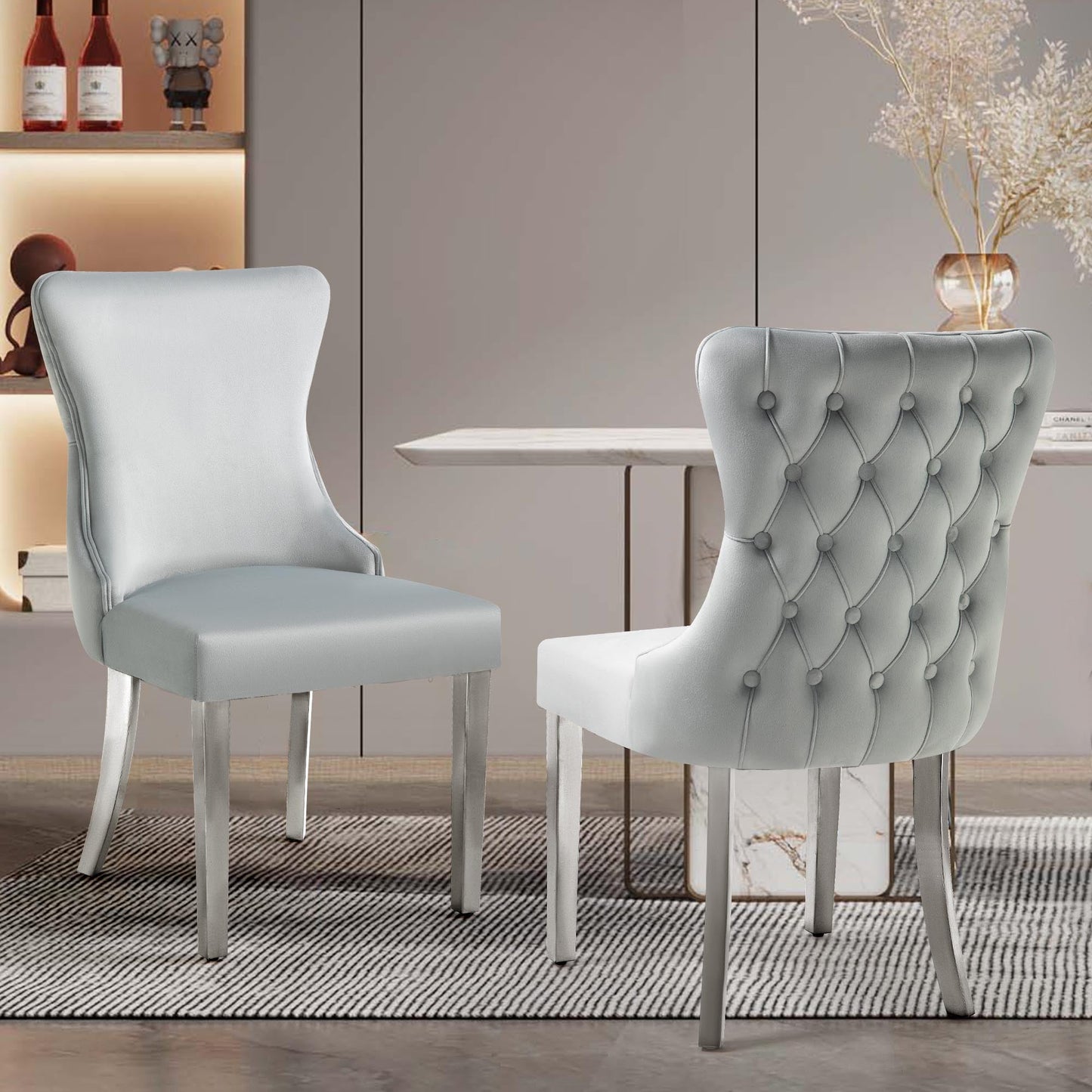 Set of 2 - Paris Light Grey Velvet & Silver Polished Steel Upholstered Dining Chairs Tufted Back - Cosy Abode