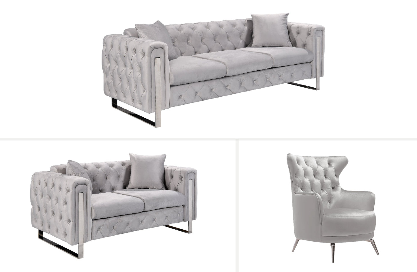 Madeline Range - Light Grey Velvet - Silver Trims - Cosy Abode