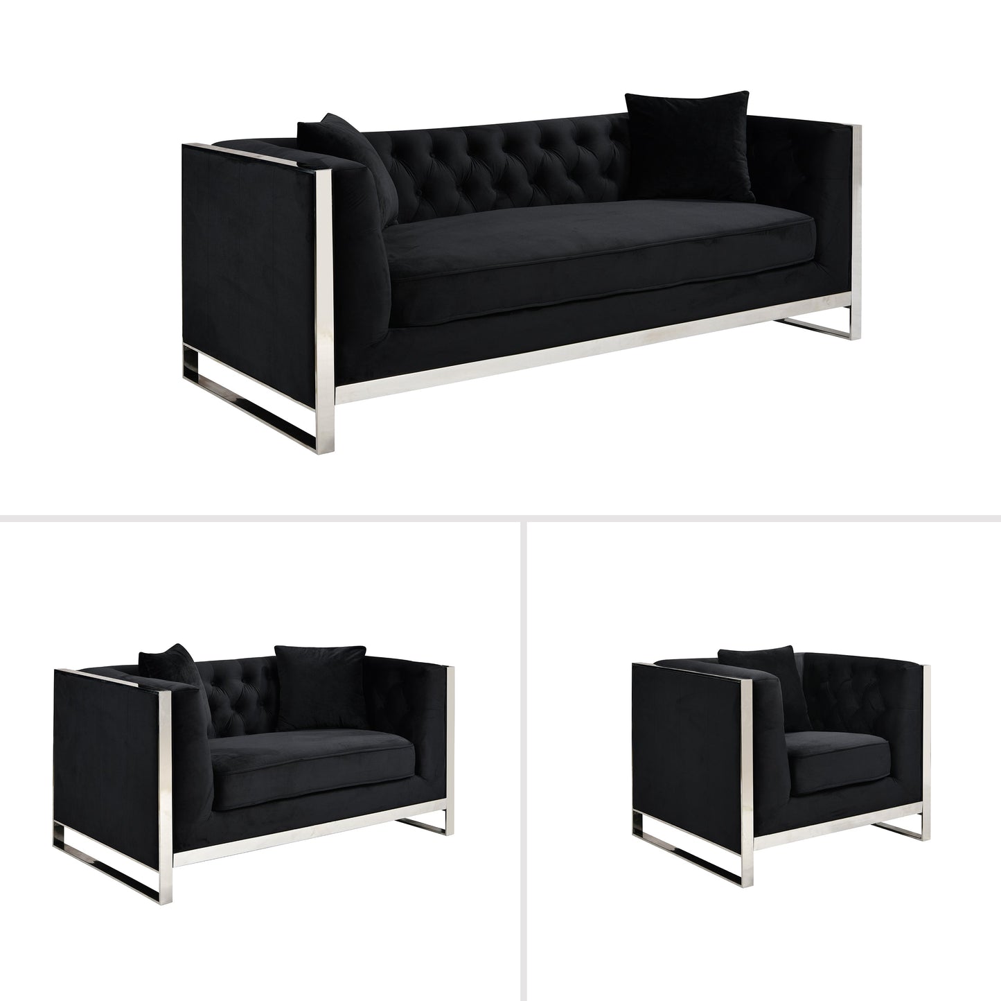 William Lounge 3+2+1 - Black Velvet - Silver Trims - Cosy Abode