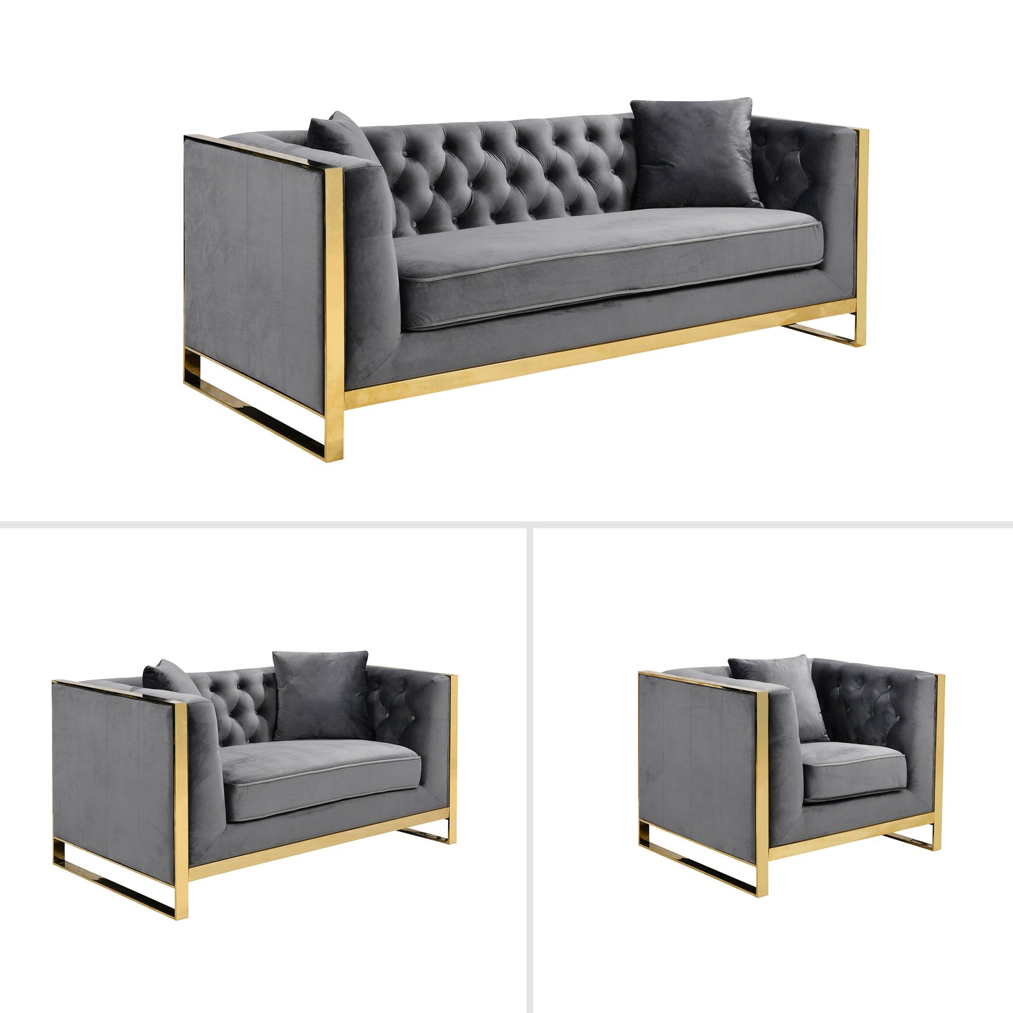 William Lounge - Dark Grey Velvet - Gold Trims - Cosy Abode