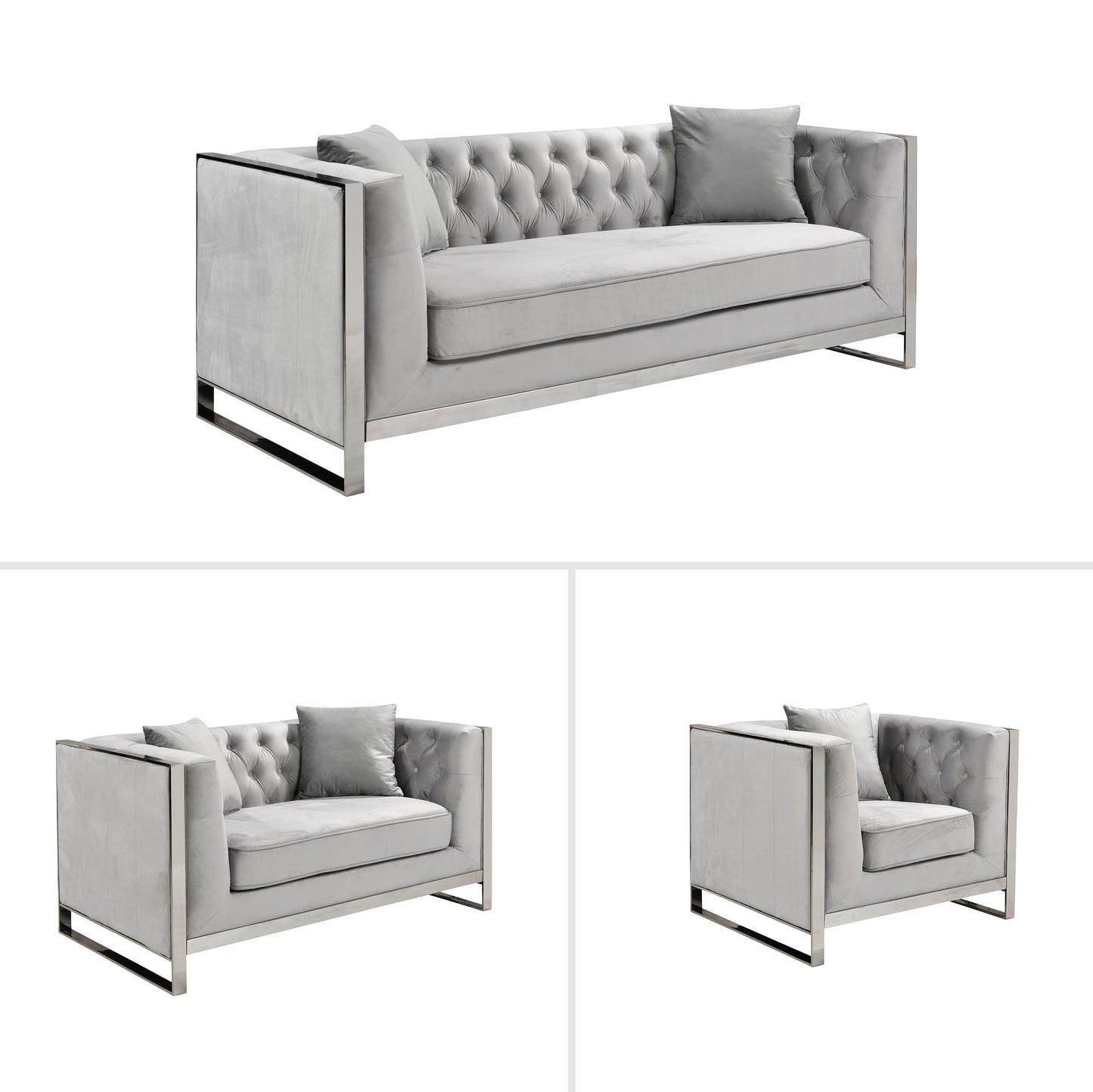 William Lounge - Light Grey Velvet - Silver Trims - Cosy Abode