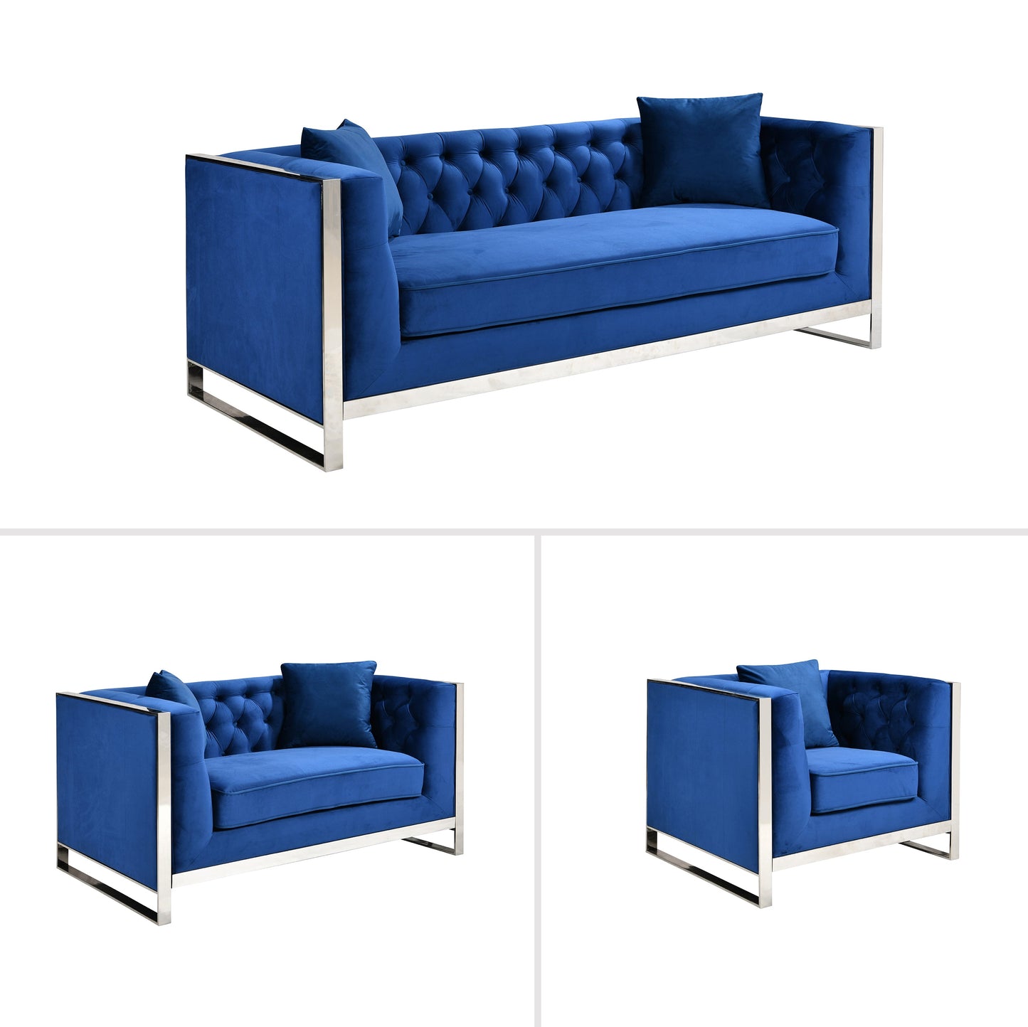 William Lounge - Blue Velvet - Silver Trims - Cosy Abode