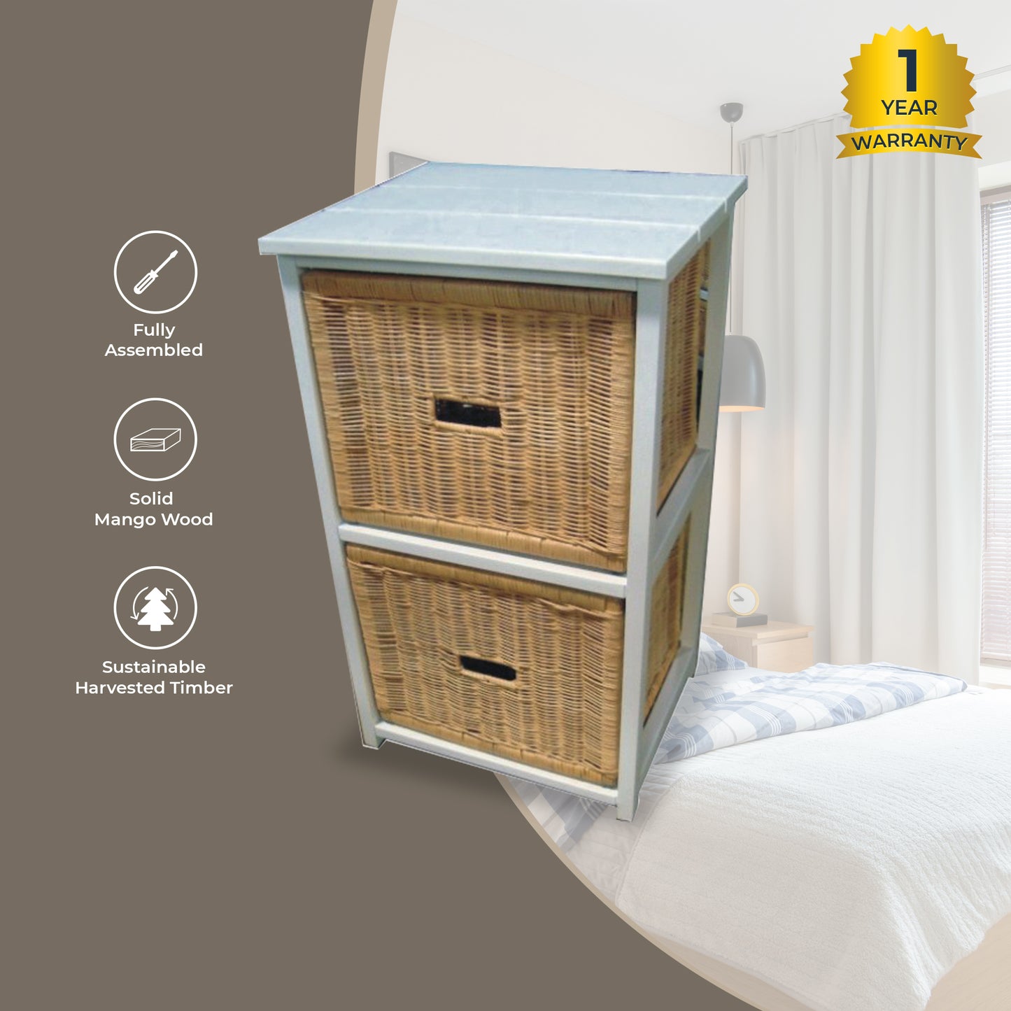Hyssop 2 Chest of Drawers Cane Bedroom Kitchen Bathroom Storage Tallboy Shelf - Cosy Abode