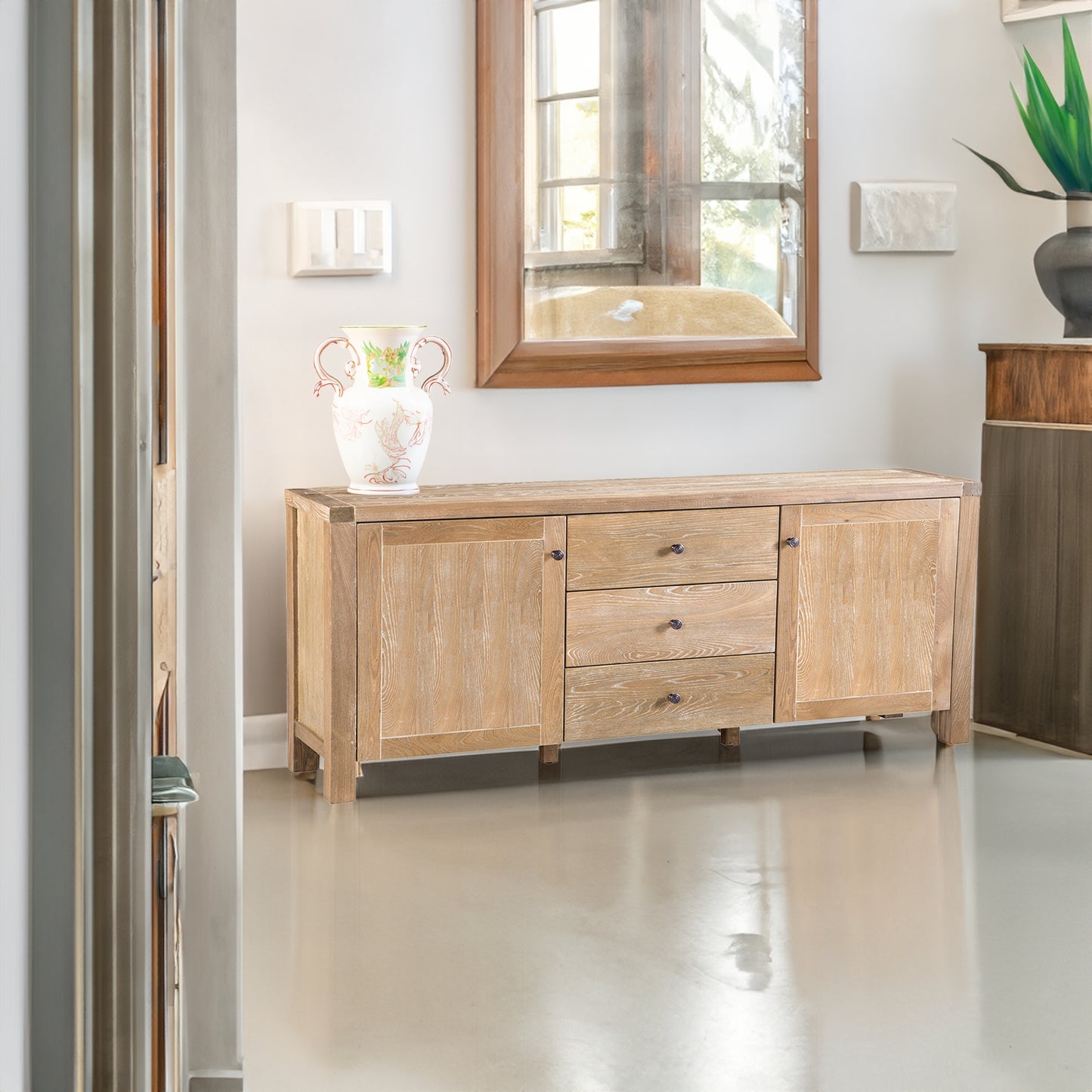 Woodland 180cm Buffet Table Cabinet Timber Wood 3 Drawer 2 Door Natural - Cosy Abode